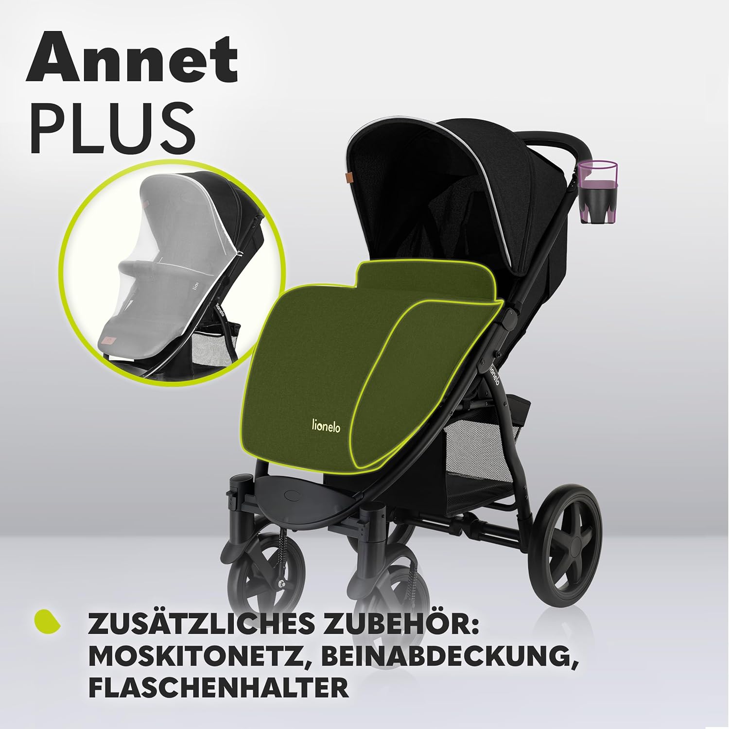 LIONELO Annet Plus Buggy bis 22 kg mit Liegefunktion, Kinderwagen klein zusammenklappbar mit Zubehör, Eva-Schaum-Räder, Moskitonetz, Fußdecke Getränkehalter, Korb