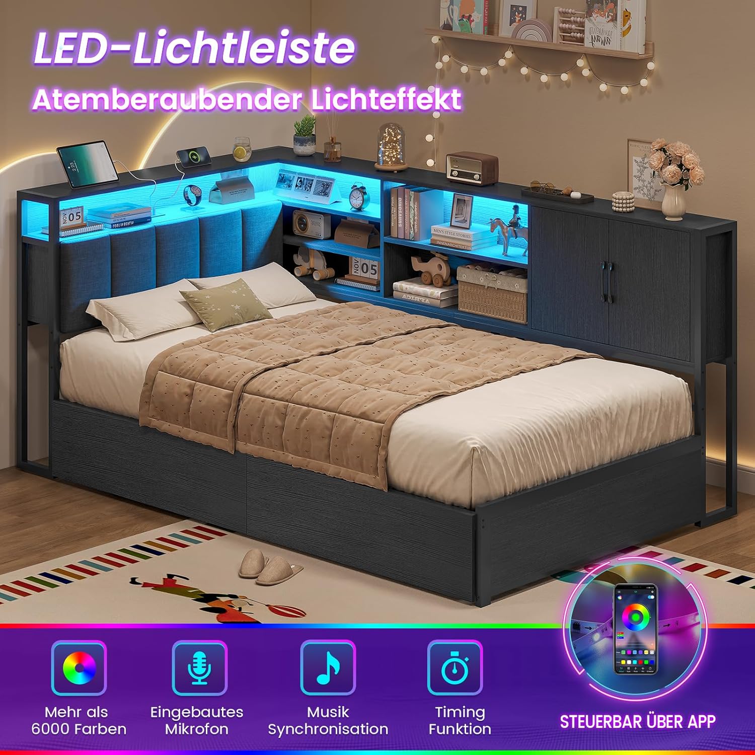 Polsterbett Schlafsofa 90x190 mit LED-Beleuchtung, Ladestation, Tagesbett, Jugendbett mit 2 Schubladen und Lattenrost aus Metall, Kopfteil mit Stauraum, Offene Regale, Schrank, Schwarz