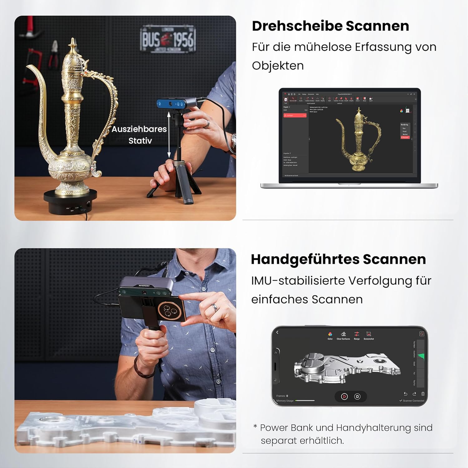 Revopoint INSPIRE 3D-Scanner für 3D-Druck handgeführter, tragbarer 3D-Scanner mit bis zu 18 FPS Scangeschwindigkeit, 0,2 mm Genauigkeit, vollfarbiges 3D-Scannen Kompatibel mit Android/iOS/Mac/Win