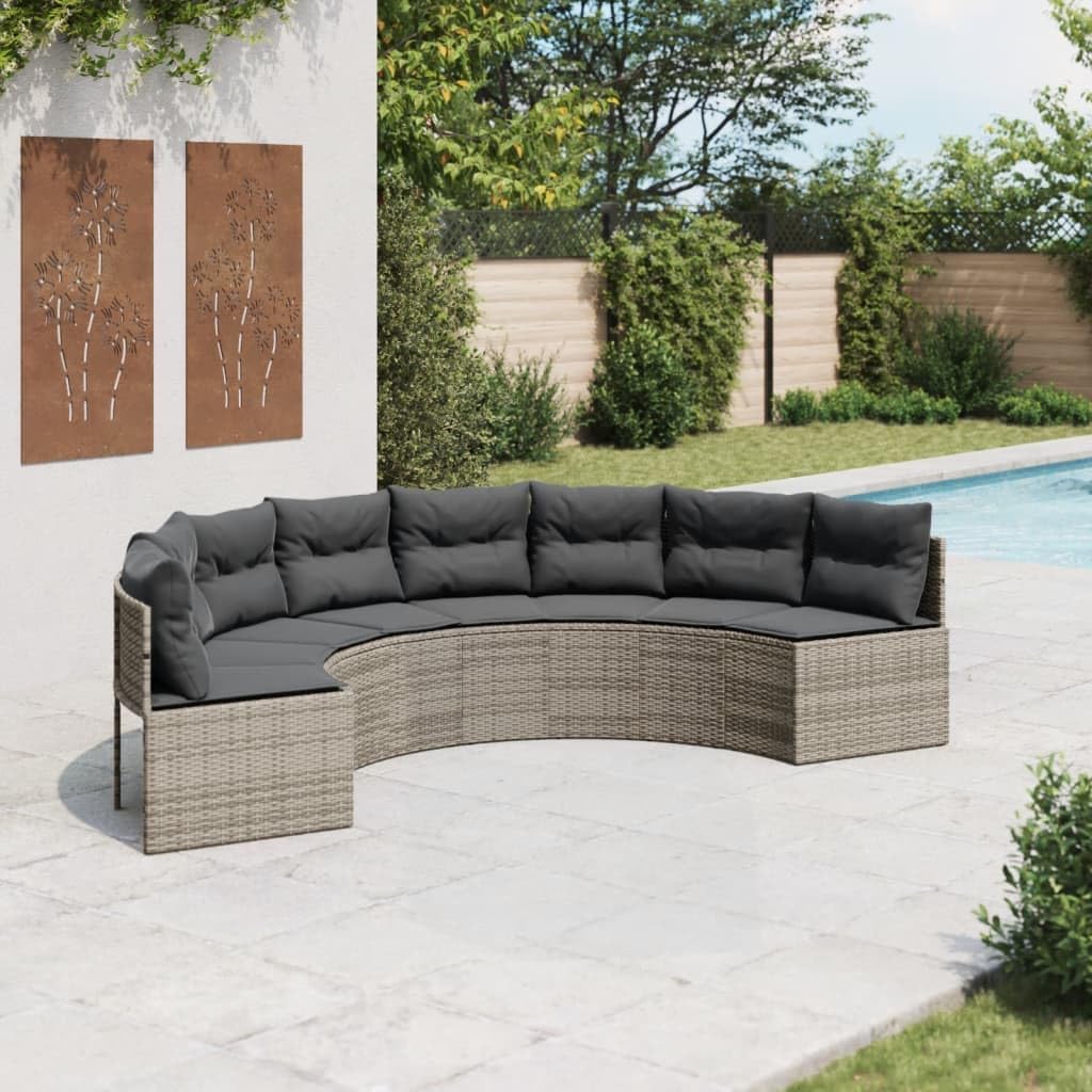Gartensofa Halbrund Grau Poly Rattan mit Kissen Set für Garten Terrasse Poolbereich, Bequemes Outdoor Sofa aus PE Rattan mit Abnehmbaren Bezügen und Stabilem Stahlrahmen,