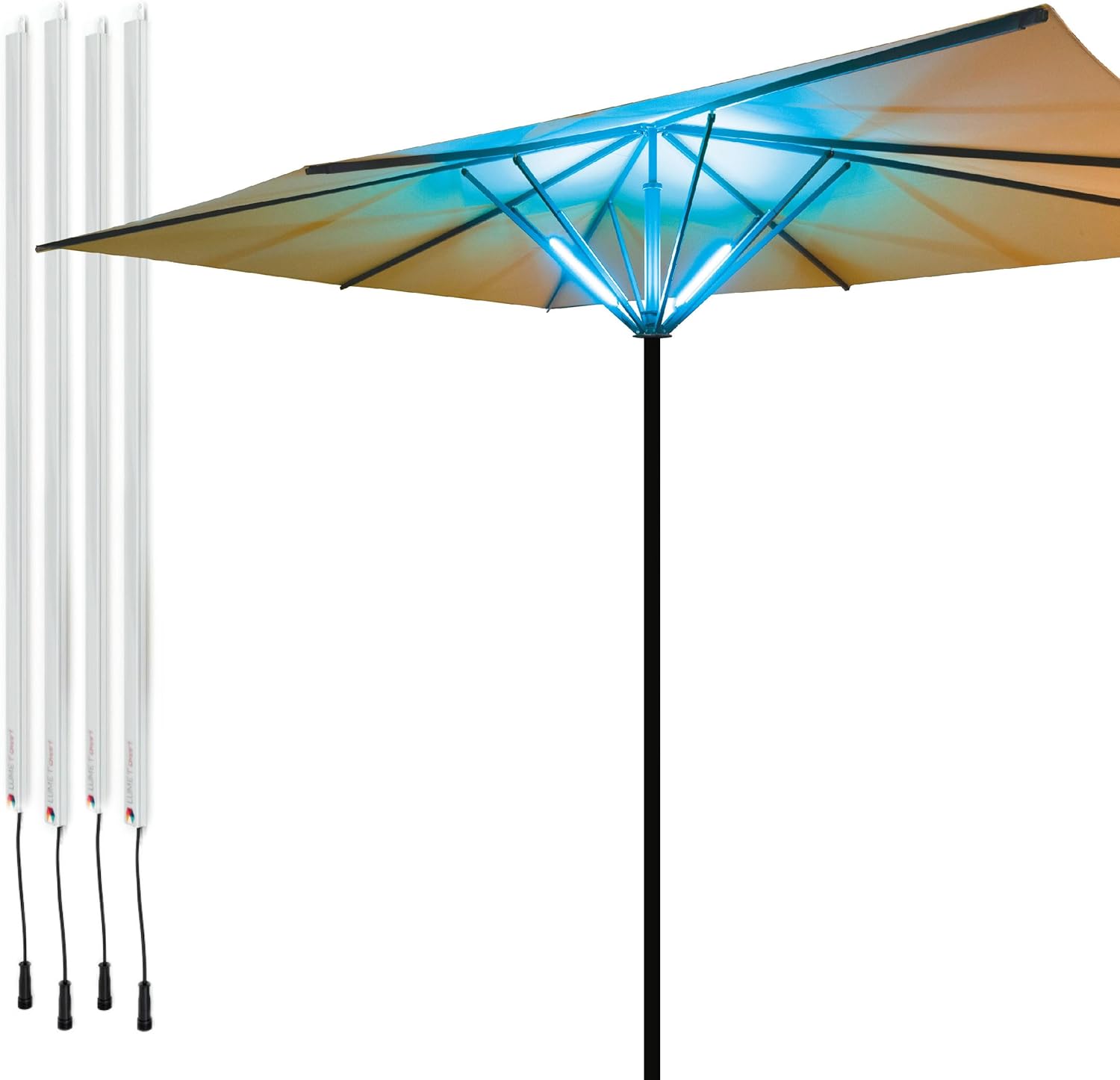Lume1 Sonnenschirmbeleuchtung mit Fernbedienung, Sonnenschirmleuchter, Lampen für Garten, 4 LED warmweiß Leisten mit 1000 Lumen für angenehme Beleuchtung, Akku enthalten (Smart 4er)