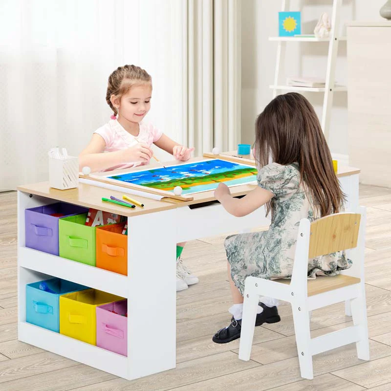 2 In 1 Kids Art Table Chair Set For Drawing Writing Toddler Craft Play Wood Activity Desk W2 Chairs Paper Roll Storage Canvas Bins - High Quality Set For Everyday Use