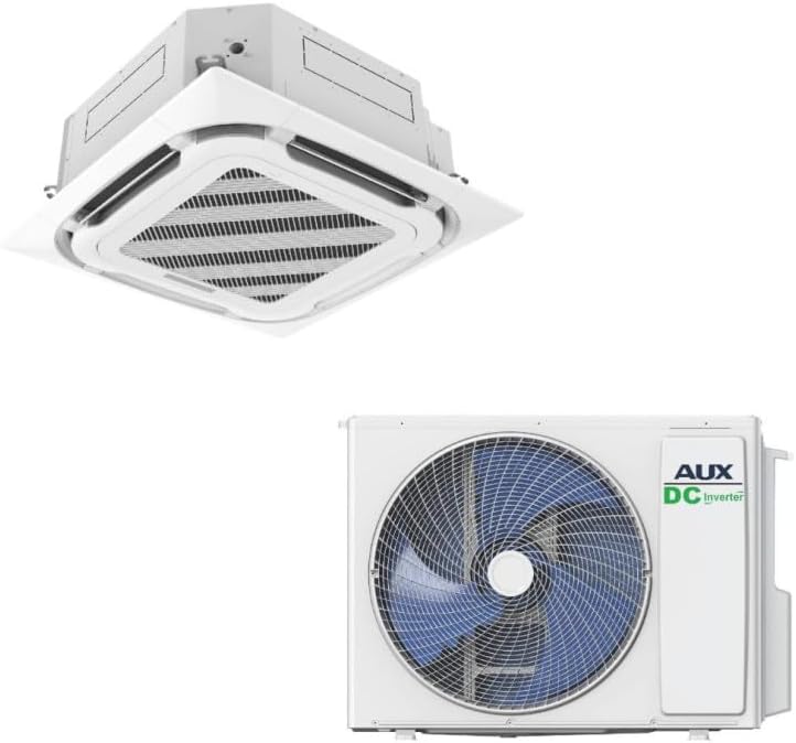 AUX A++ Klimaanlage Set mit Deckenkassette 12000 BTU (3,5 kW) - Außengerät 12000 BTU - R32 Kältemittel - 360° Luftverteilung - Weiß - leise Deckenklimaanlage zum Kühlen & Heizen für Büro & Gewerbe