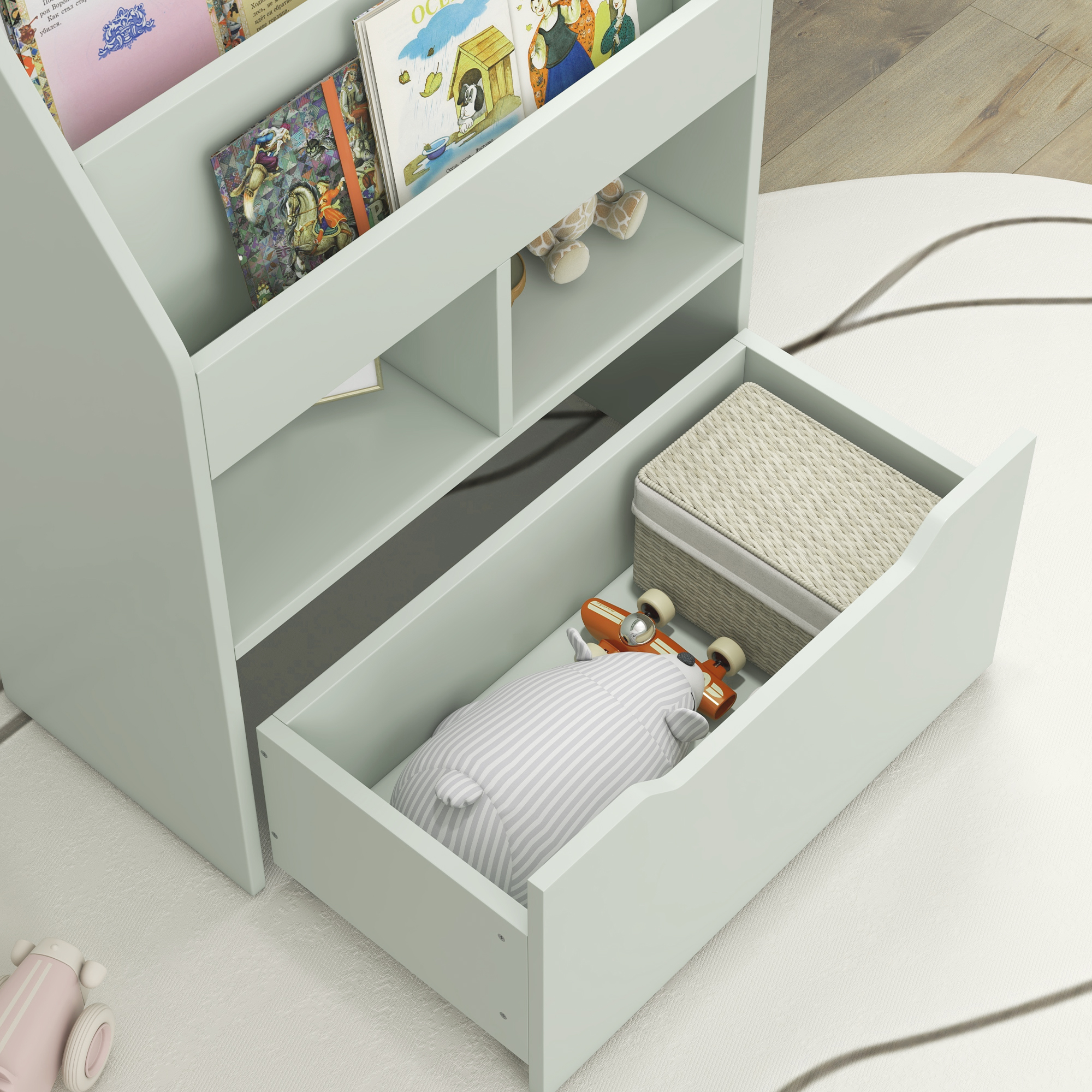 Kinderrek met Lade, Boekenrek met Vakken, 60 x 29,9 x 90 cm, Groen