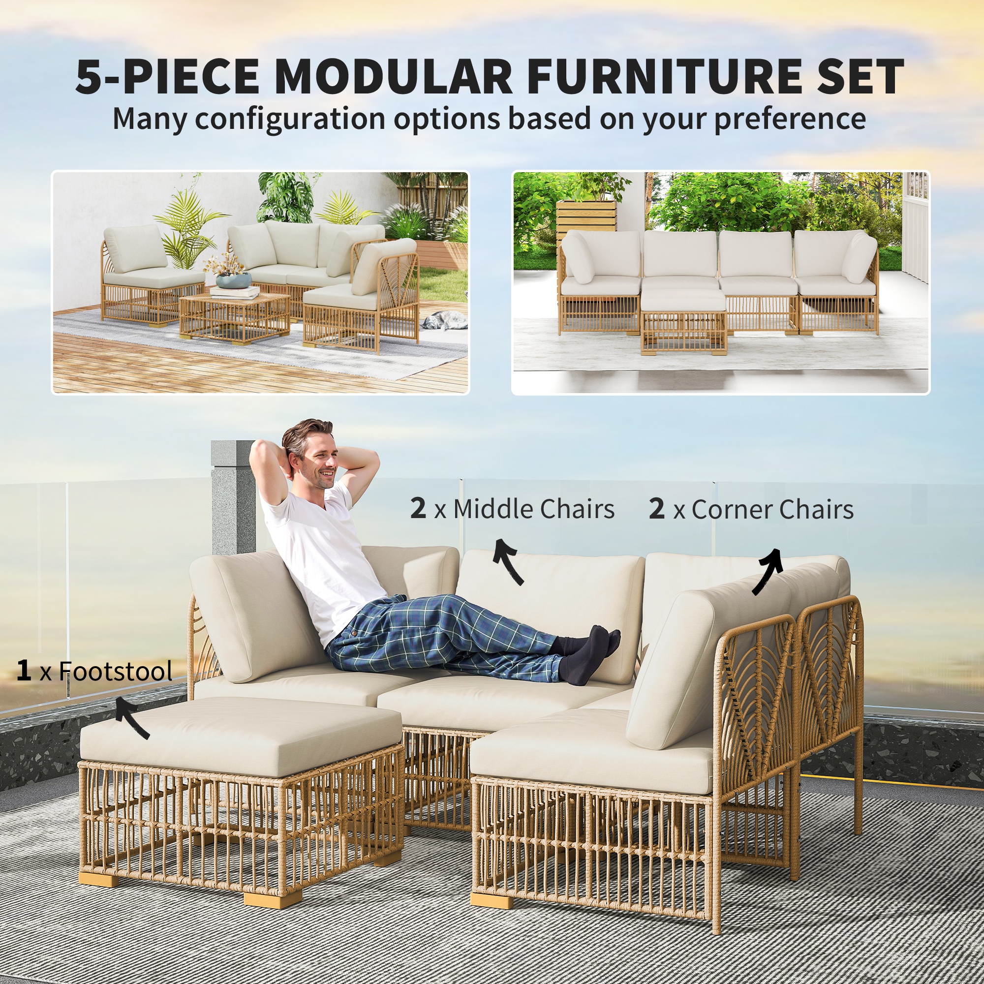 Outsunny 5-delige Tuinmeubelset, 2 Hoekstoelen, 2 Middelstoelen, Voetenbank, Zitkussens, Rugkussens, Lichtbruin+Cremewit