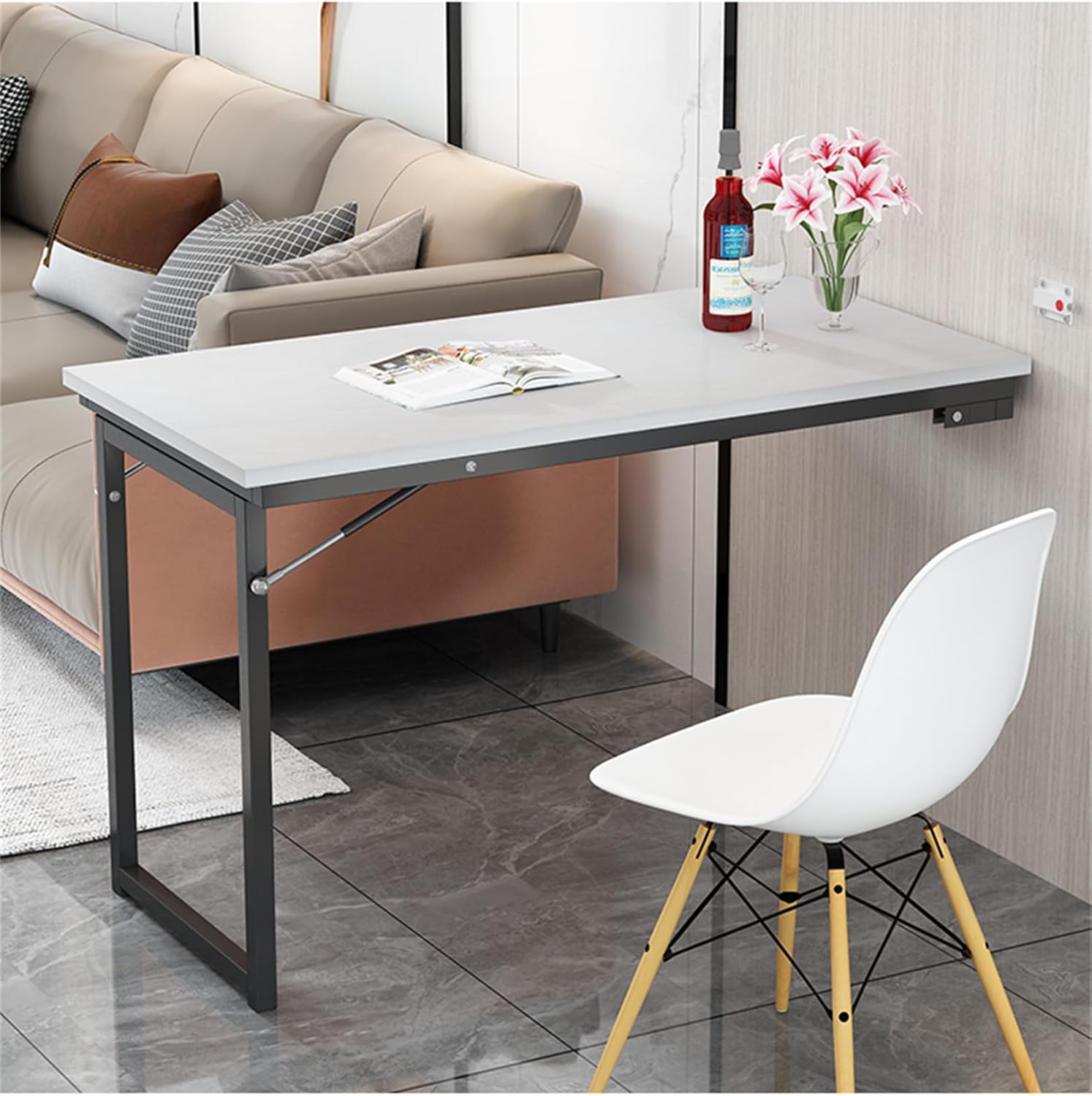 Wandtisch klappbar Drop-Leaf-Wandklapptisch, klapptisch wandhalterung, klappbarer Küchentisch für 2-4 Personen, 90×60×75cm, Klapptisch Wand Platzsparender, Küchenregal für Balkon