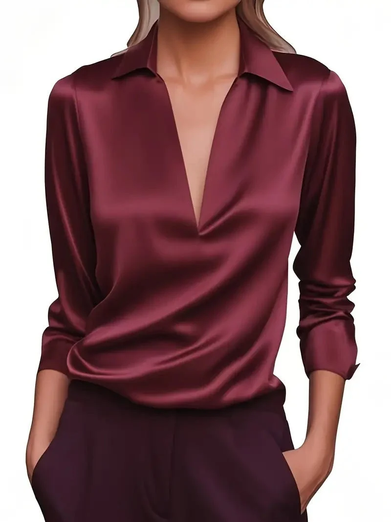 Damen Stilvolle, vielseitige Bluse im Satin-Look mit V-Ausschnitt
