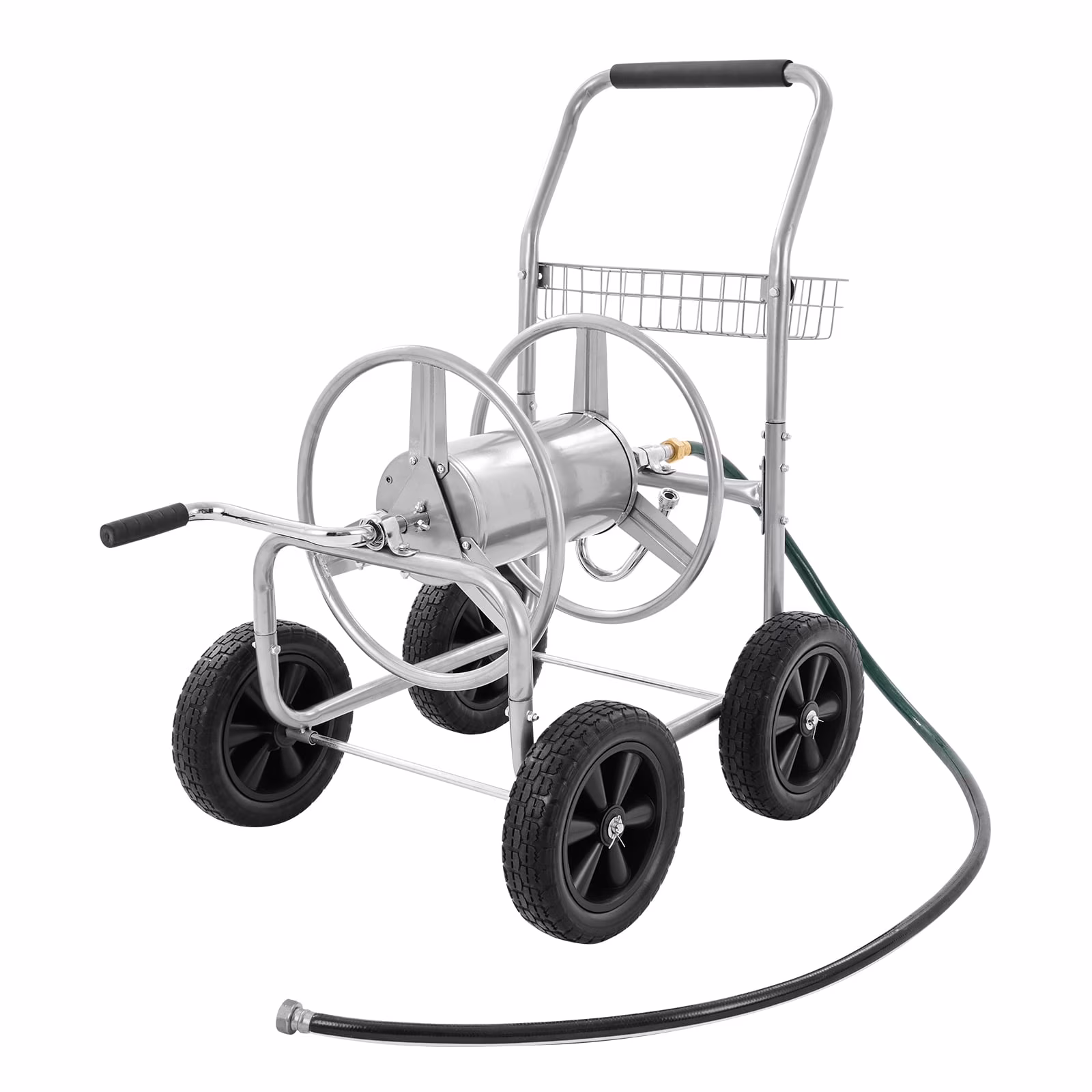 VEVOR Hose Reel Cart, Hold Up to 250 ft of 5/8???? Hose, Garden Water Hose Carts Mobile Tools with 4 Wheels, Heavy Duty Powder-coated Steel Outdoor Planting with Storage Basket, for Garden, Yard, Lawn