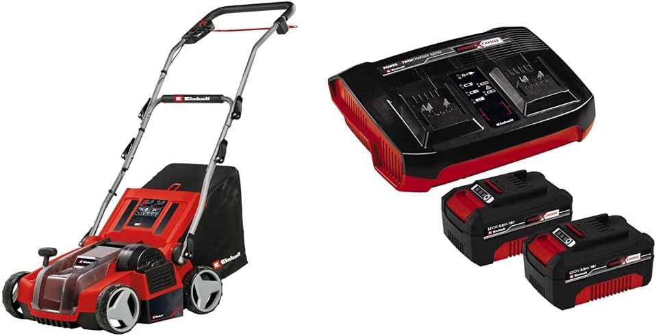 Einhell Akku-Vertikutierer-Lüfter GE-SA 36/35 Li Power X-Change (36 V, Brushless, 35cm Messerwalze, 28L Fangsack, einstellbare Arbeitstiefe, inkl. 2x 4,0 Ah Akku und Twincharger)