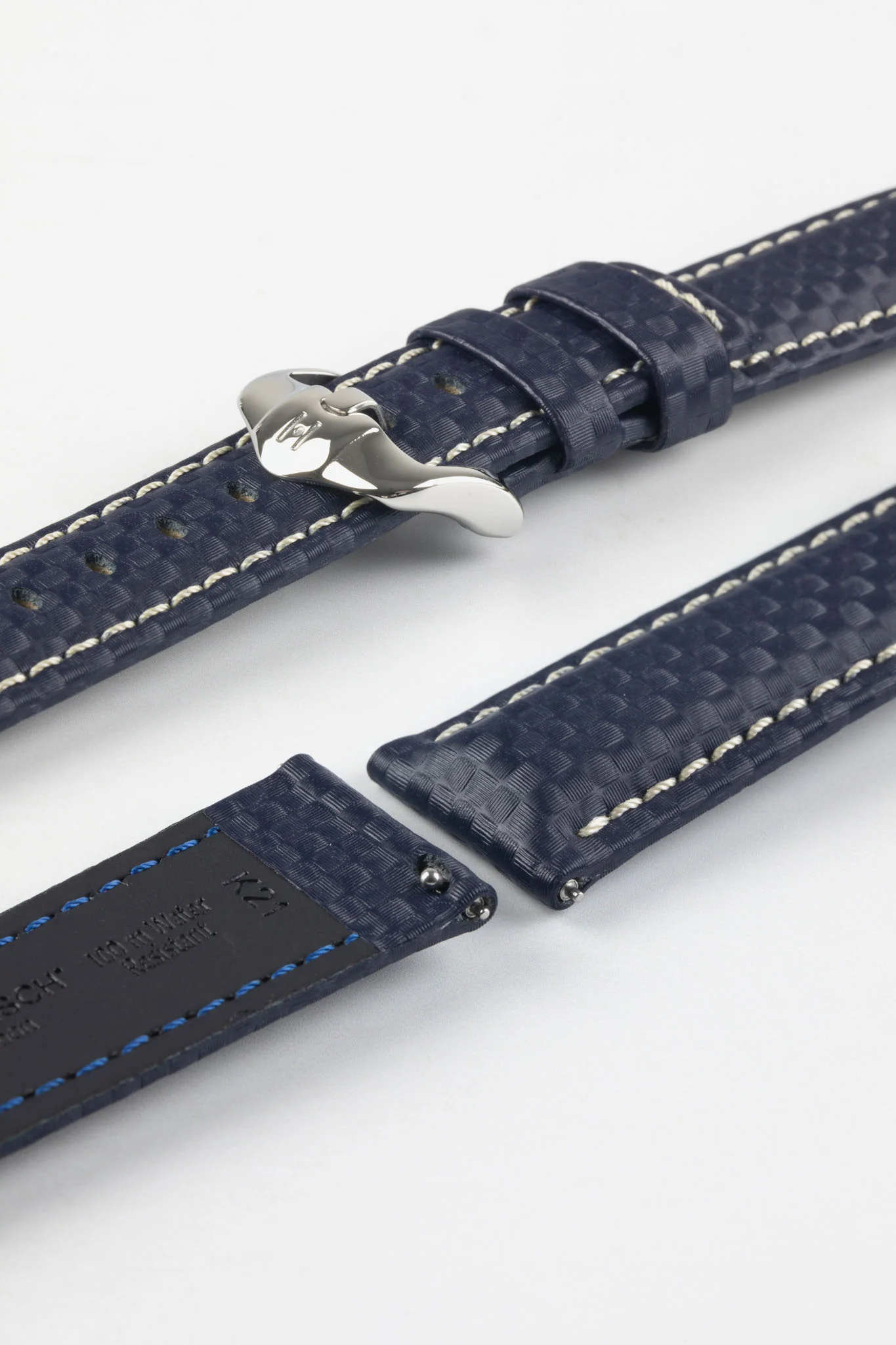 Hirsch CARBON Embossed Water-Resistant Leather Watch Strap in BLUE