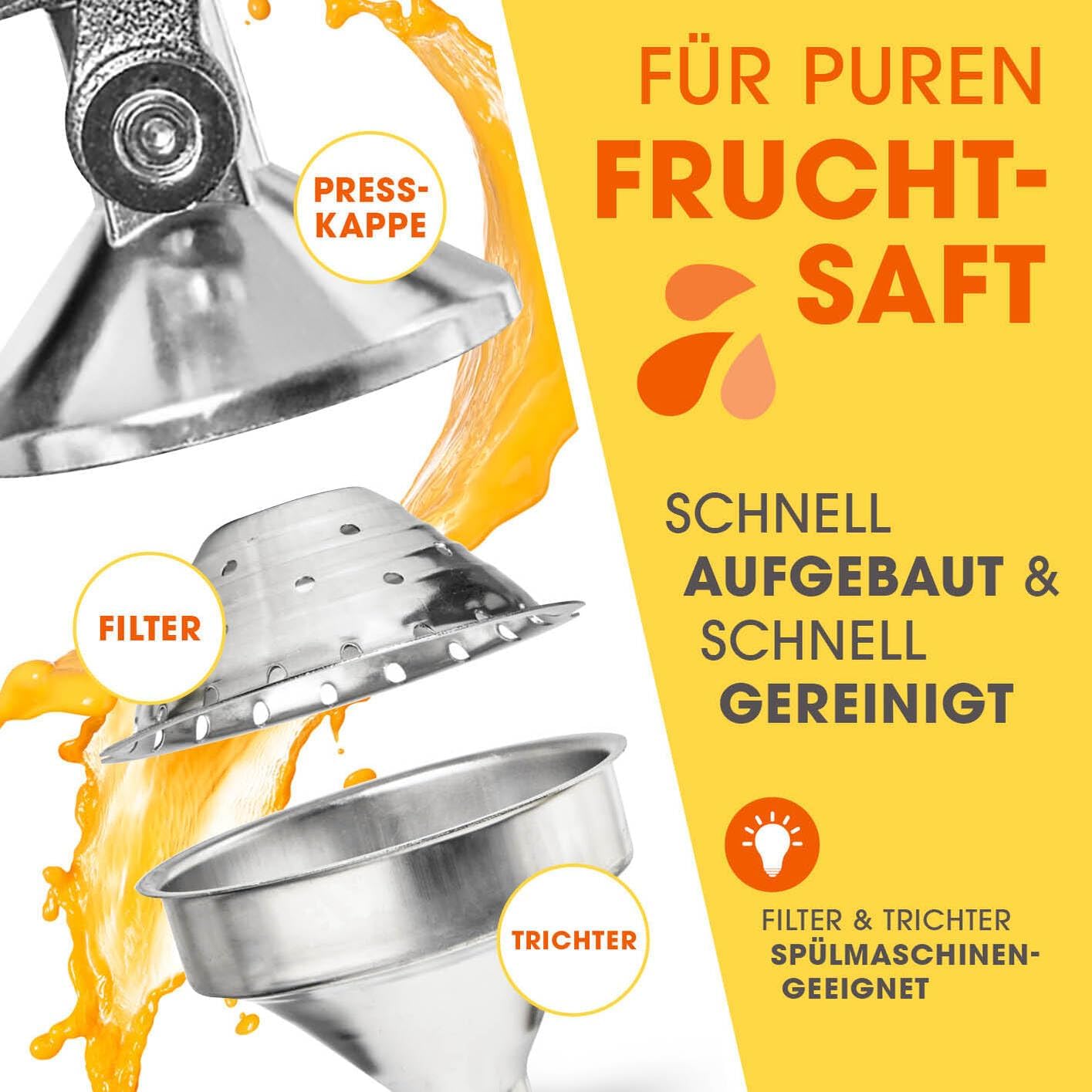 Lumaland Edelstahl Saftpresse | Hochwertige, sehr leise, manuell bedienbare Zitruspresse | Stilvolle Handpresse, wartungsfrei & leistungsstark für viel mehr Saft | Einfach frische Sfte pressen