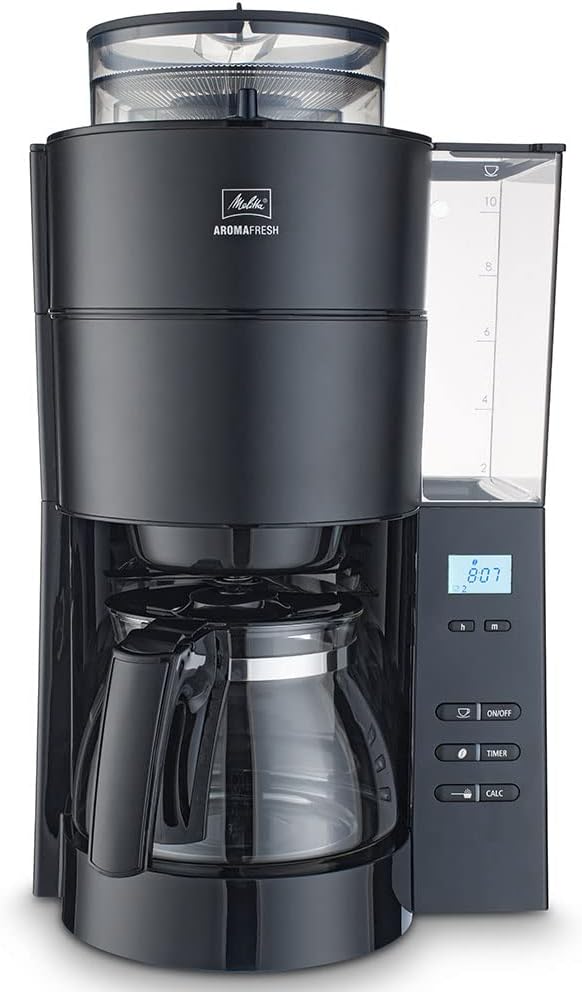 Melitta AromaFresh - Filterkaffeemaschine - mit Glaskanne - integriertes Mahlwerk - Timer Funktion - 10 Tassen - Pure Black