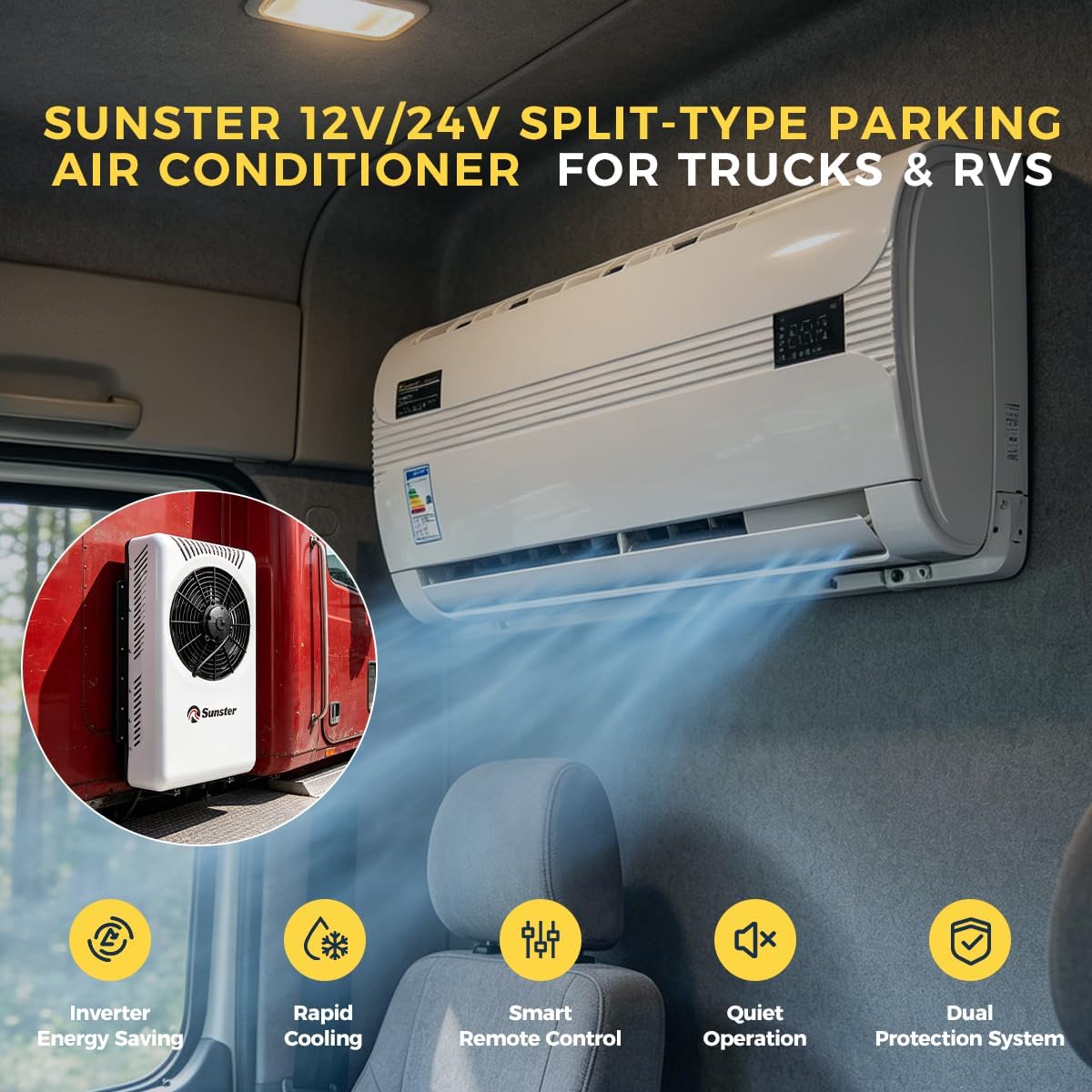 Sunster Split Klimaanlage Wohnwagen, Electric AC Unit 12 Volt Fit für Wohnmobile Bus Anhänger Traktoren Camper Van Parken Klimaanlage Schnelle Kühlung Low Noise