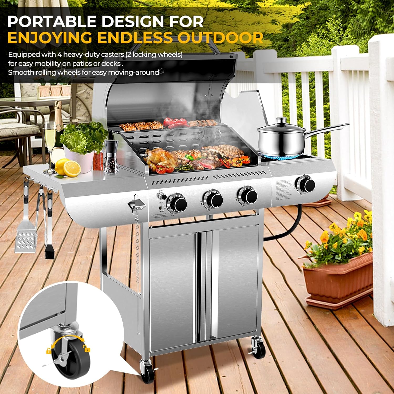 34,000 BTU 3-Burner Propane Gas Grill with Side Burner, All Stainless Steel BBQ Grill