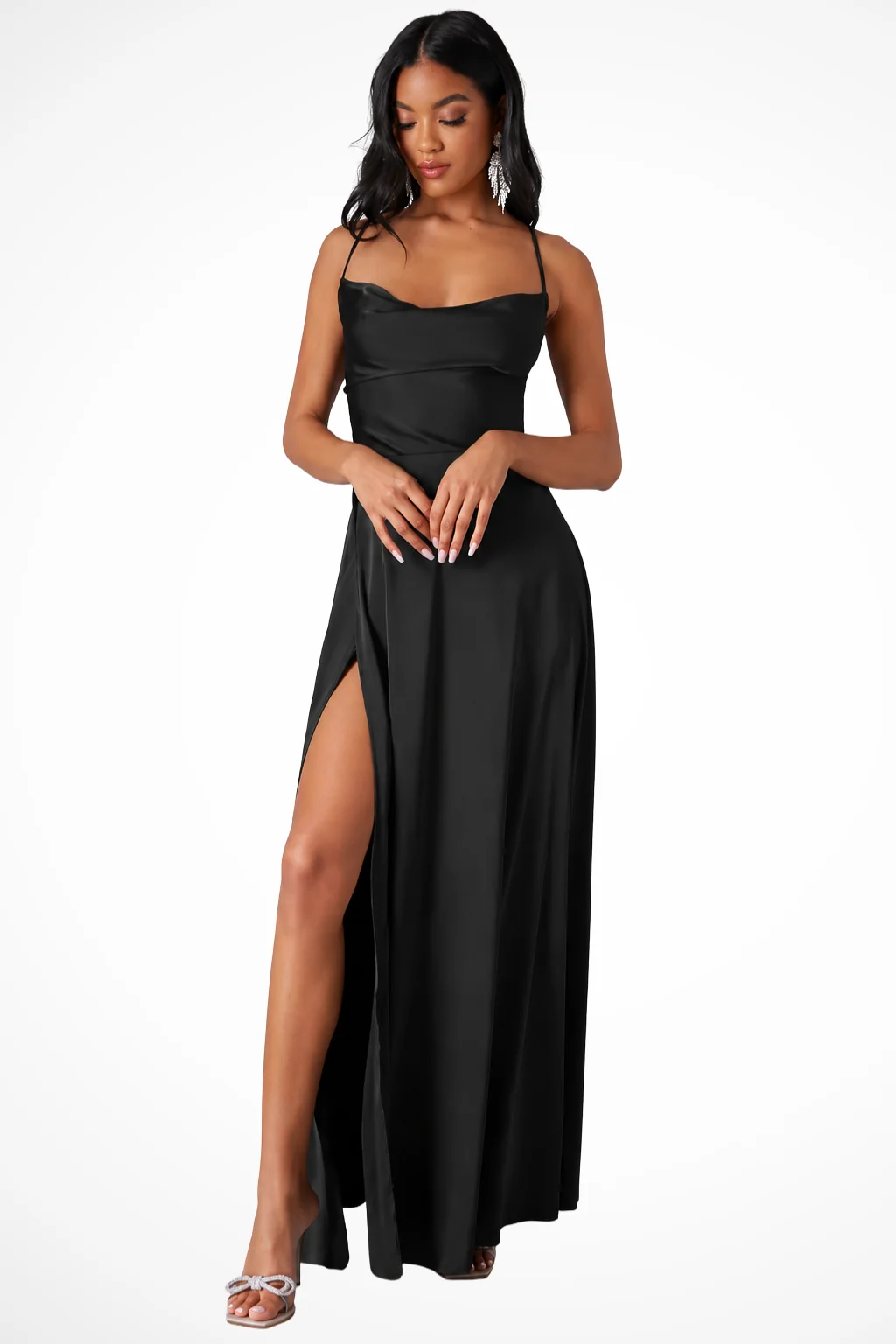 Damen Satin Maxikleid mit Wasserfall-Ausschnitt & Seitenschlitz - Elegantes Abendkleid f��r Hochzeitsg?ste & festliche Anl?sse
