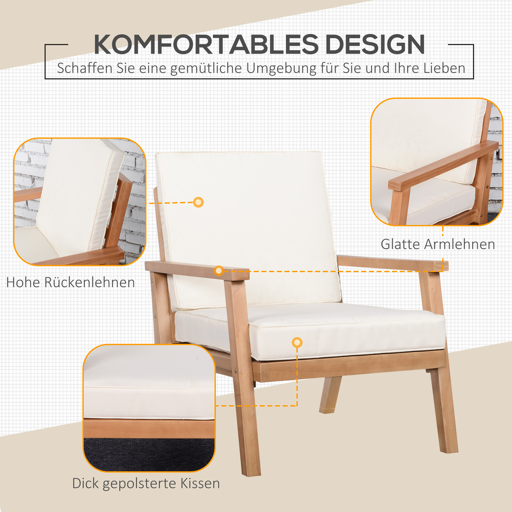 2 tuinstoelen van natuurlijk hout, met zitkussens, bruin+beige, 66 x 77,5 x 74,5 cm (per stoel)