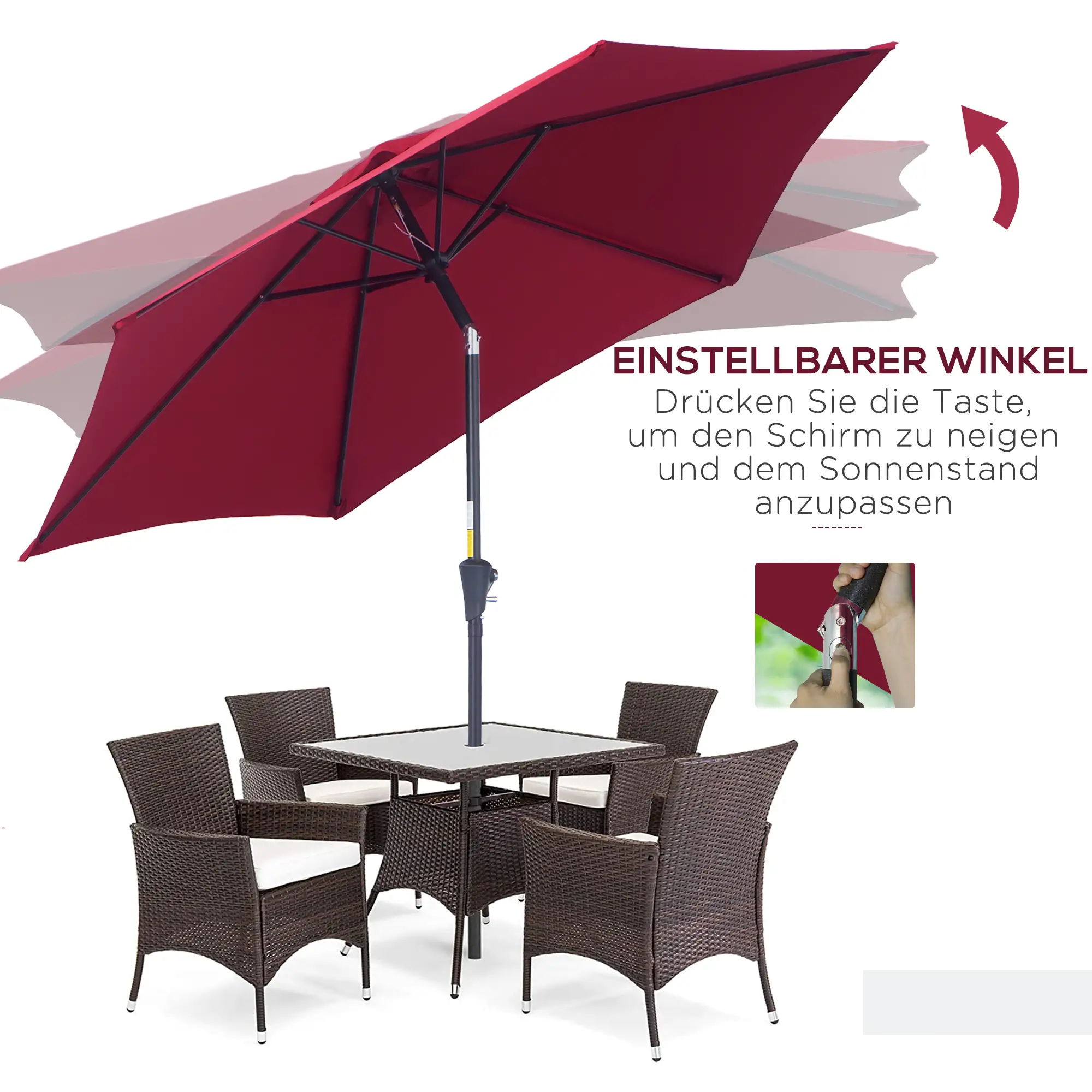 Outsunny Parasol Kantelfunctie Handslinger Aluminium Rood