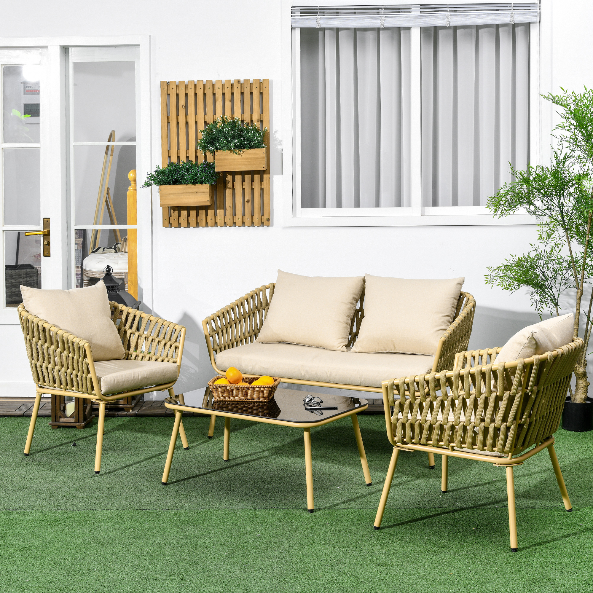 Tuinmeubelset, 4-delig, decoratief rattandesign, tafel met glazen blad, inclusief zitkussen, weerbestendig, Khaki