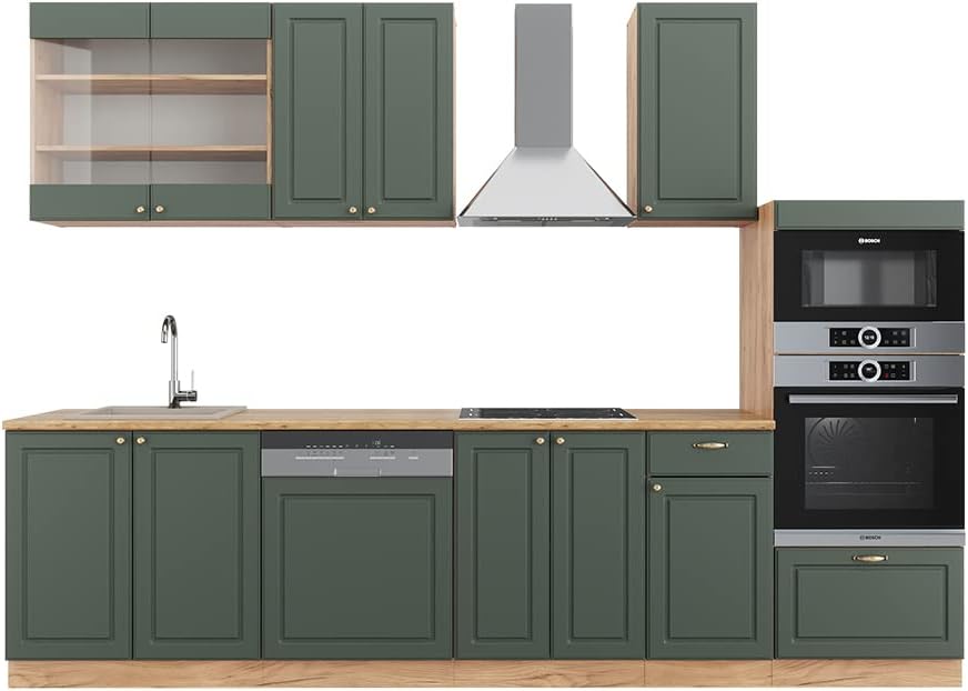 Vicco Küchenzeile Fame-Line, Grün-Gold Landhaus/Goldkraft Eiche, 300 cm mit Hochschrank, AP Eiche