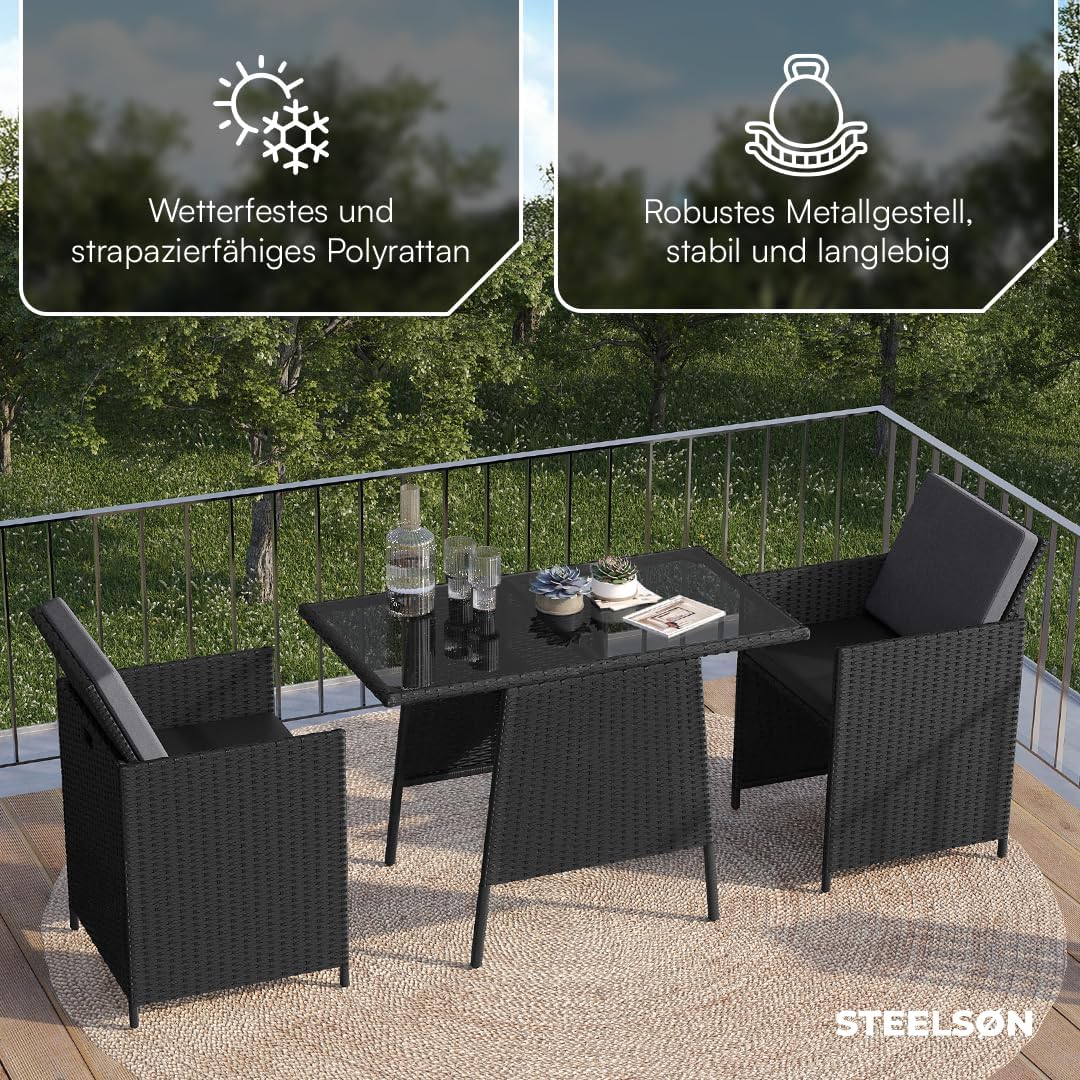 STEELSØN 3-TLG Garten-Essgruppe Xenara, Esstisch mit 2 Stühlen, Gartenmöbel Sitzgruppe Polyrattan mit Kissen, Gartenlounge, Balkomöbel Set, schwarz
