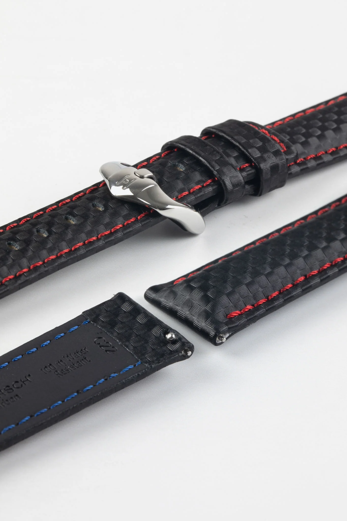Hirsch CARBON Decorated Waterproof Leather Watch Strap in BLACK / RED