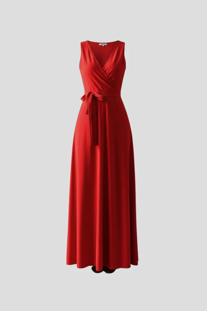 ?rmelloses Maxikleid f��r Damen mit V-Ausschnitt und Bindeg��rtel | Bodenlanges Sommerkleid aus gewebtem Stoff f��r jeden Anlass
