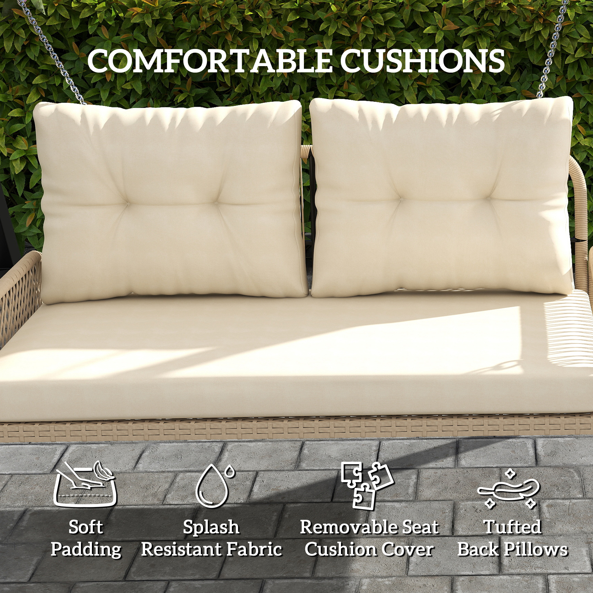 Outsunny Hollywoodschommel 2-Zits Rattan Tuinschommel met Kussens Ketens Tot 240 kg 115 x 66 x 44 cm Beige