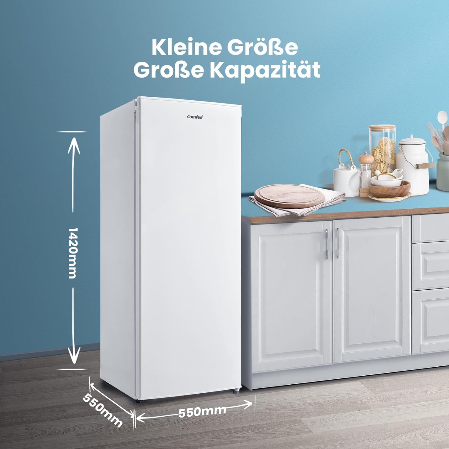 Comfee RCU160WH2(E) Gefrierschrank/142cm hoch/160L Gefrierteil/183 kWh/Jahr/Türanschlag wechselbar/Hochwertiger GMCC-Kompressor/Temperaturregelung/Verstellbare Standfüße/Weiß