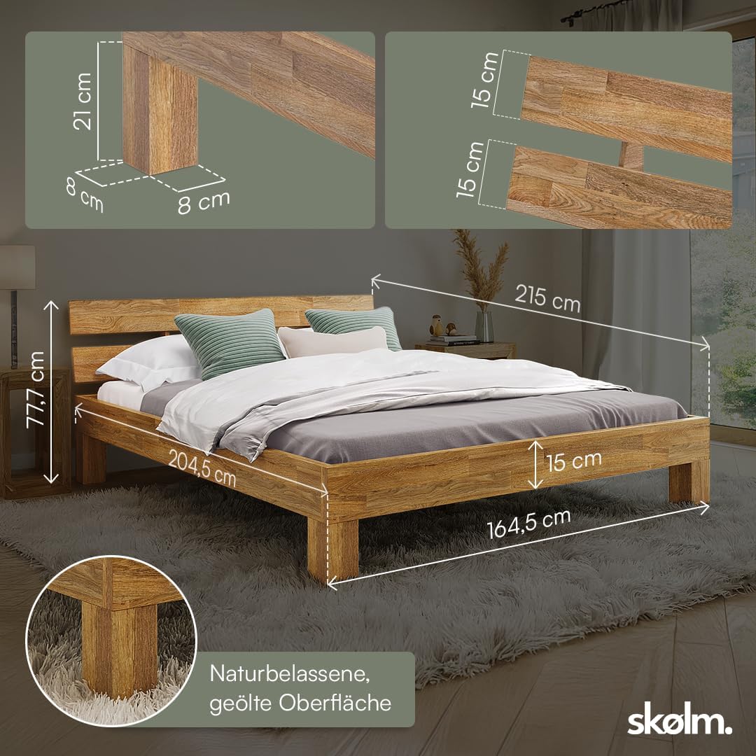 skølm Floki Massivholzbett 160x200 cm aus Eiche - hochwertiges Bettgestell - Bettrahmen mit Bettkopf - Holzbett in Natur geölt - Bett 160x200 cm geeignet als Doppelbett - Futonbett