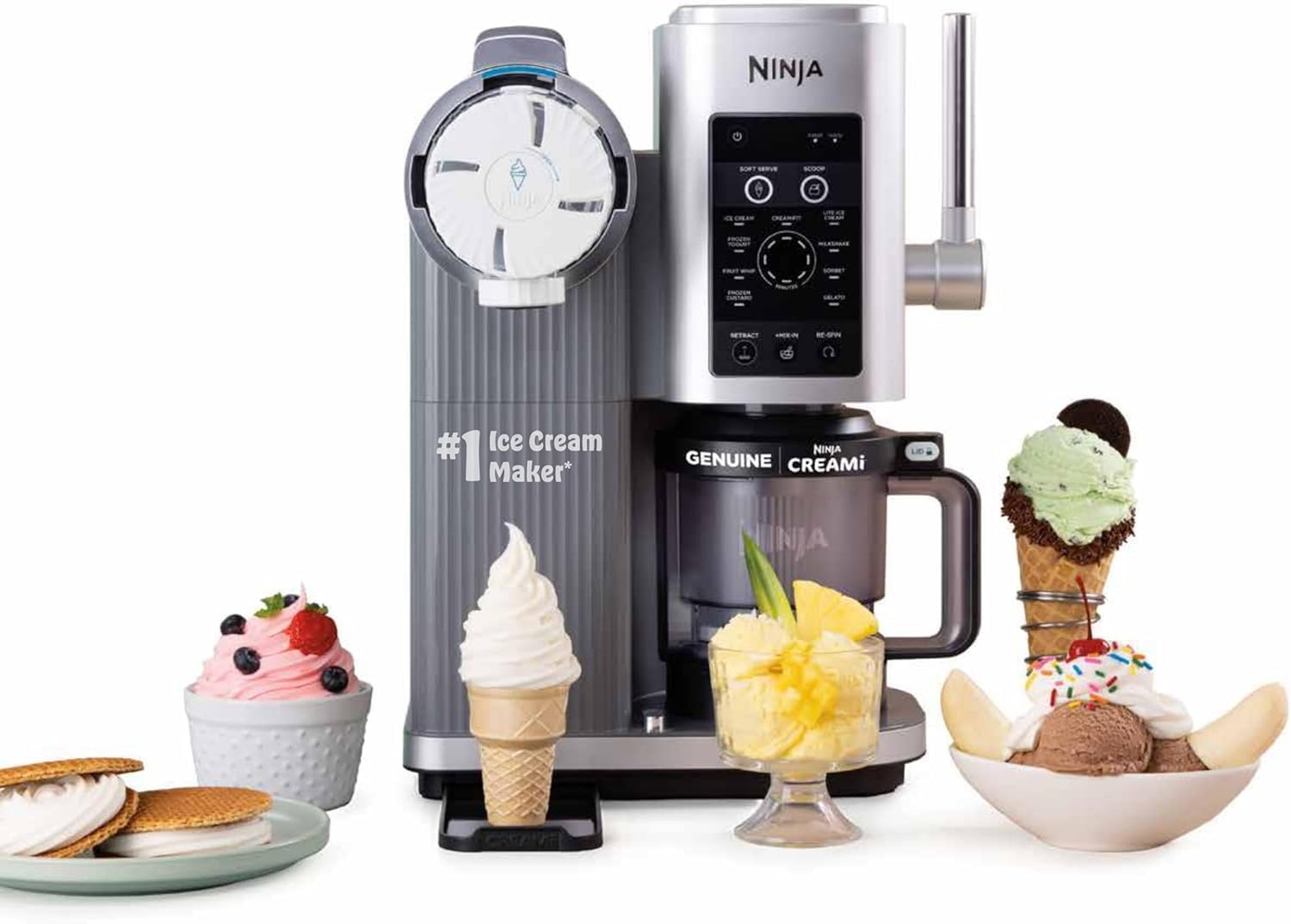 Ninja CREAMi Scoop and Swirl Soft Serve und Eismaschine mit 2x Dosen, 13 Funktionen, macht Eis, Softserve, Gelato, Sorbet, Milchshakes und mehr, Mix-In Option, Platinum Silver, NC701UK