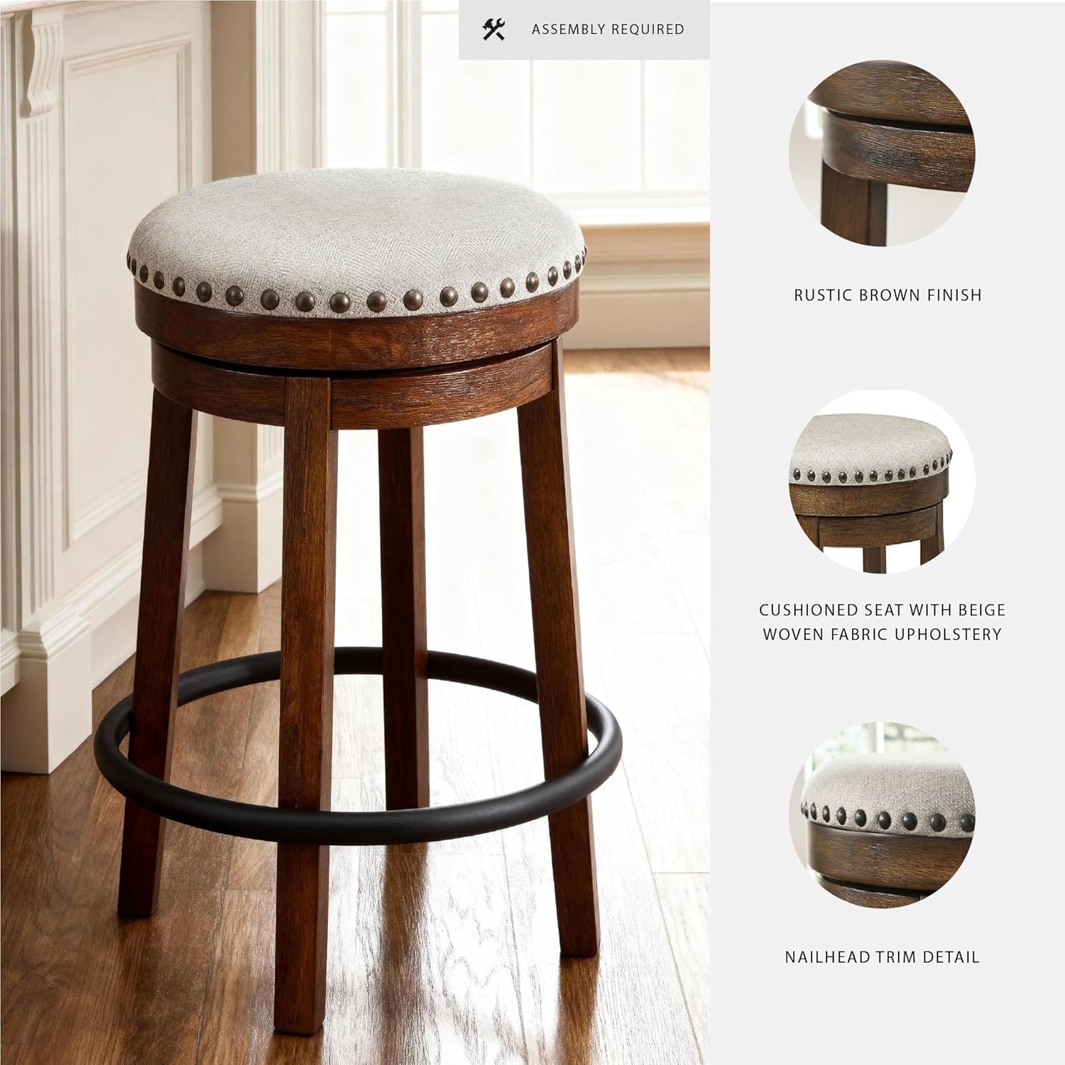 Signature Design by Ashley Valebeck Upholstered Swivel Stool, Cushioned Seat, Woven Fabric Upholstery, Wood, 24