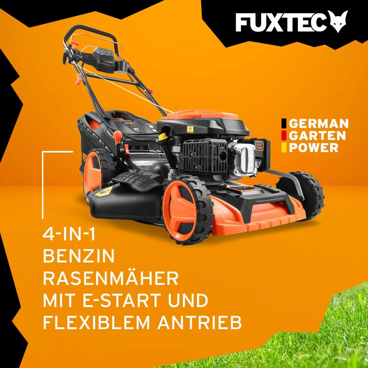 FUXTEC 4-in-1 benzinemaaier FX-RM5196eSPRO met elektrische start en regelbare zelftractie, grasmaaier incl. voorbumper, 51 cm maaibreedte, kogelgelagerde Big Wheel wielen, 60L grasopvangbak