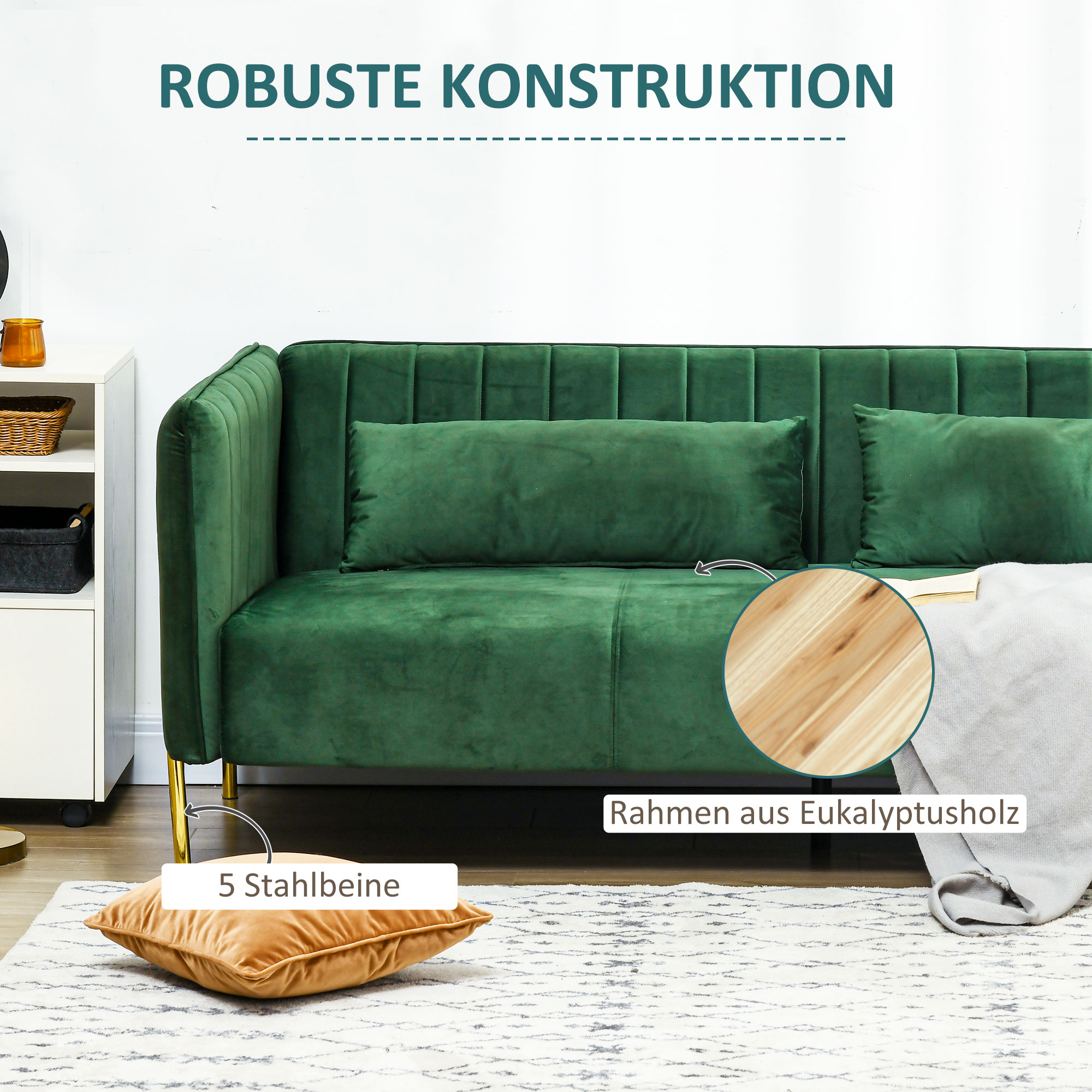 3-zitsbank, inclusief 2 kussens, fluwelen look, retro design, afneembare hoes, 195 cm x 88 cm x 76 cm groen