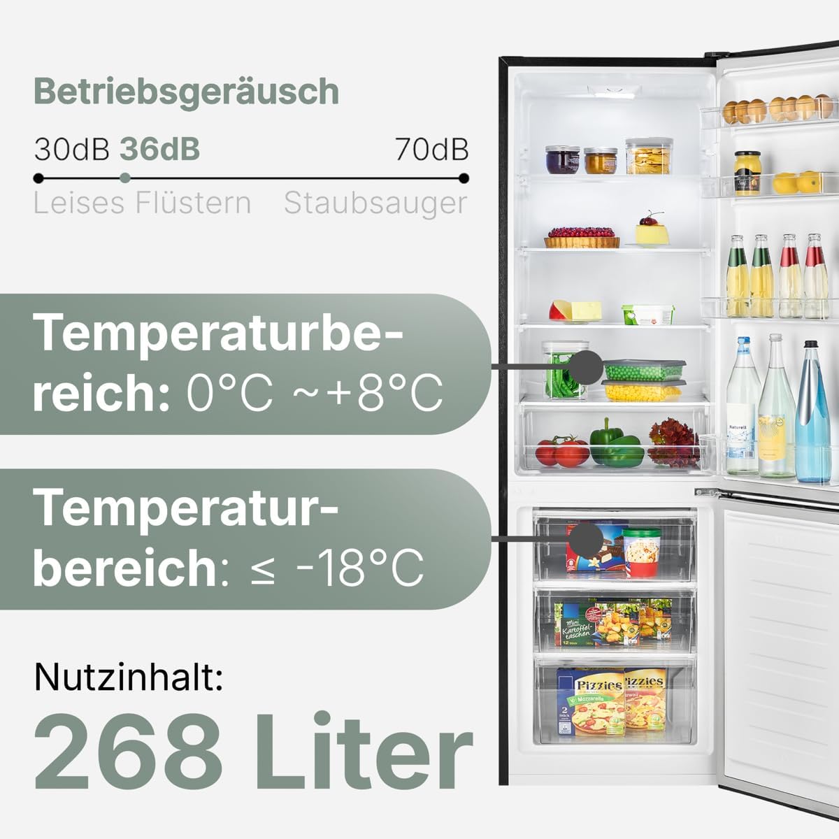 Bomann® Kühlschrank mit Gefrierfach | Energieklasse C | 180cm | Kühl Gefrierkombination leise 36 dB | 4 Ablagen & 3 Schubladen | Türanschlag wechselbar | 268L Kühlgefrierkombi | KG 7353 schwarz