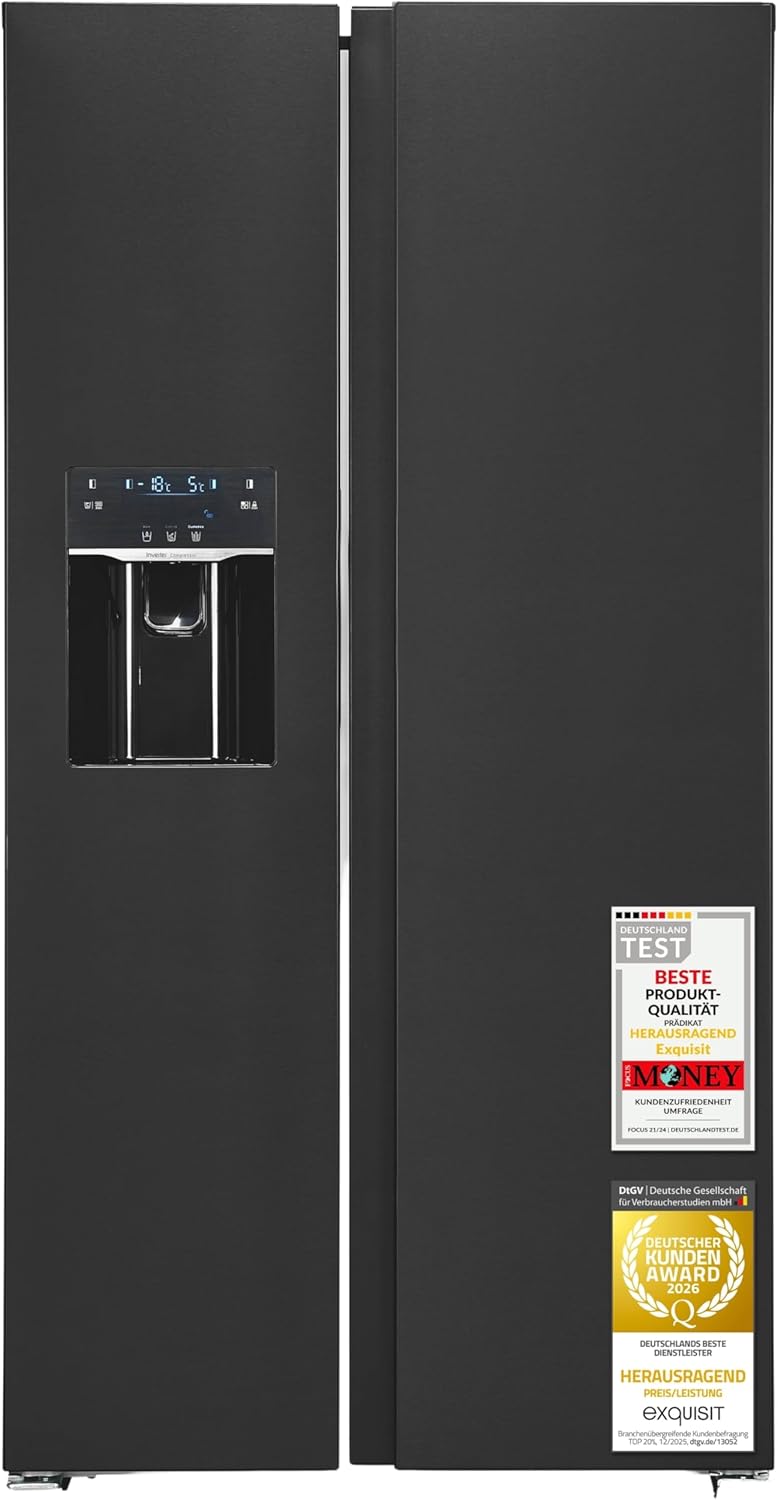 Exquisit Side by Side Kühl-Gefrierkombination | 513 l Nutzinhalt, Energieeffizienzklasse E, 39 dB, No Frost, Schnellgefrieren, Wasserspender, Ice-Maker, LED-Beleuchtung | SBS5520-CF-040E inoxlook-az