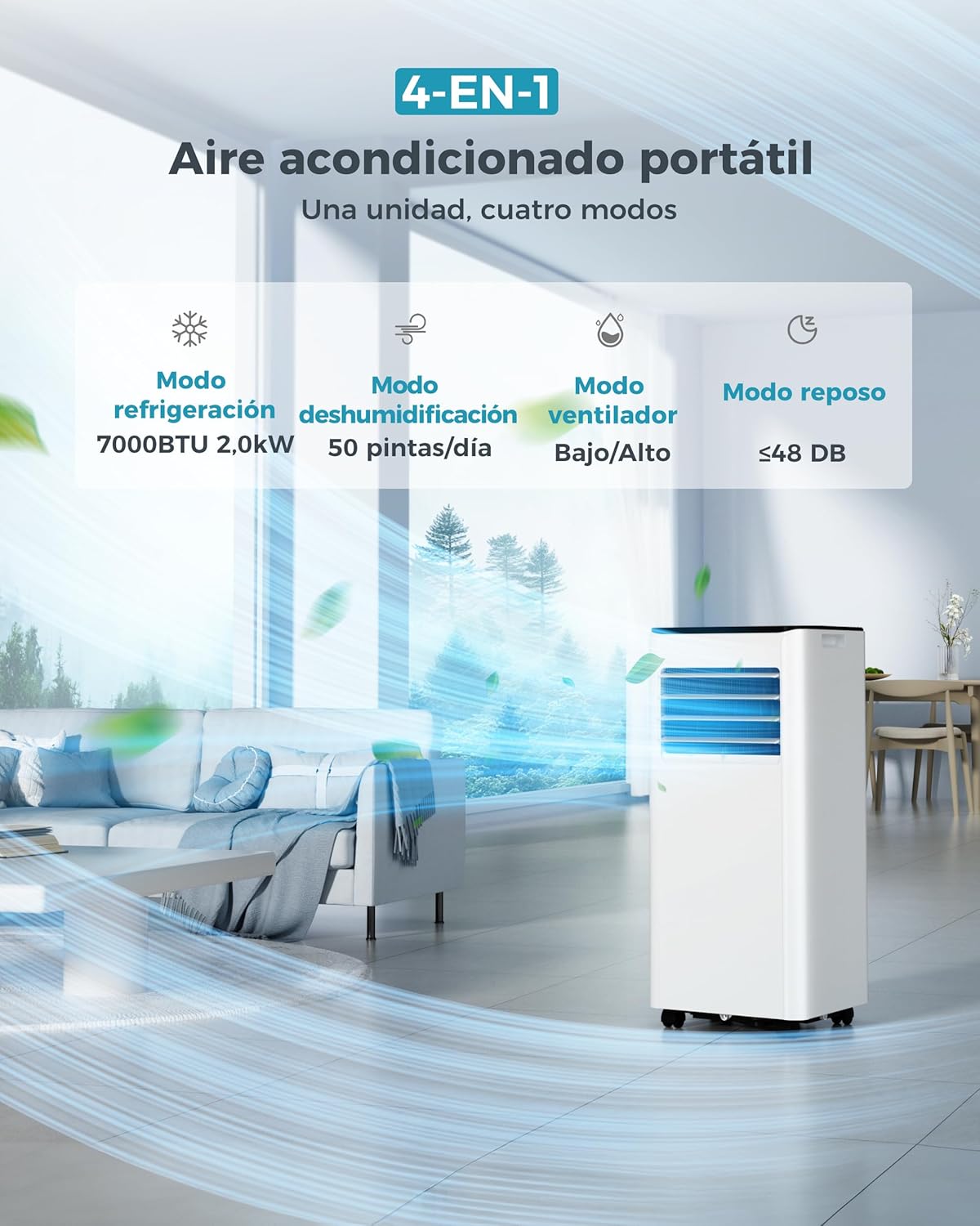 EUHOMY Portable Air Conditioner 7000 BTU 2.0 kW (with Remote Control), Low Energy Consumption, LED Display, 4 Modes, 2 Fan Speed, Covers 20 m², 24 Hour Timer
