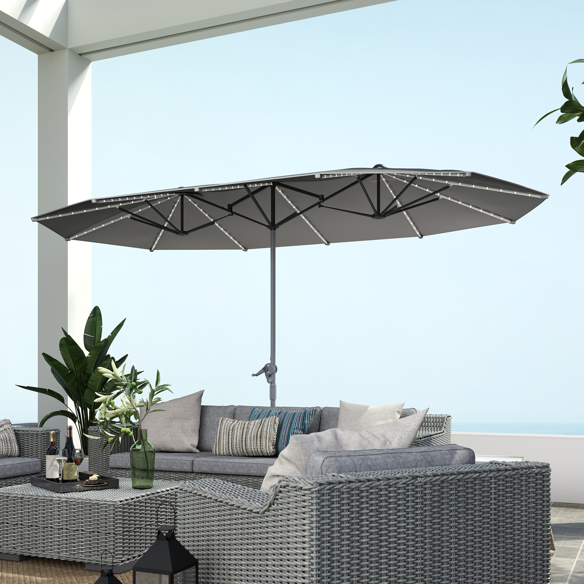 Dubbele Parasol met Zonne-energie Verlichting, Aluminium, Polyester, UPF50+ Bescherming, UV-bestendig, Terras Parasol, Donkergrijs