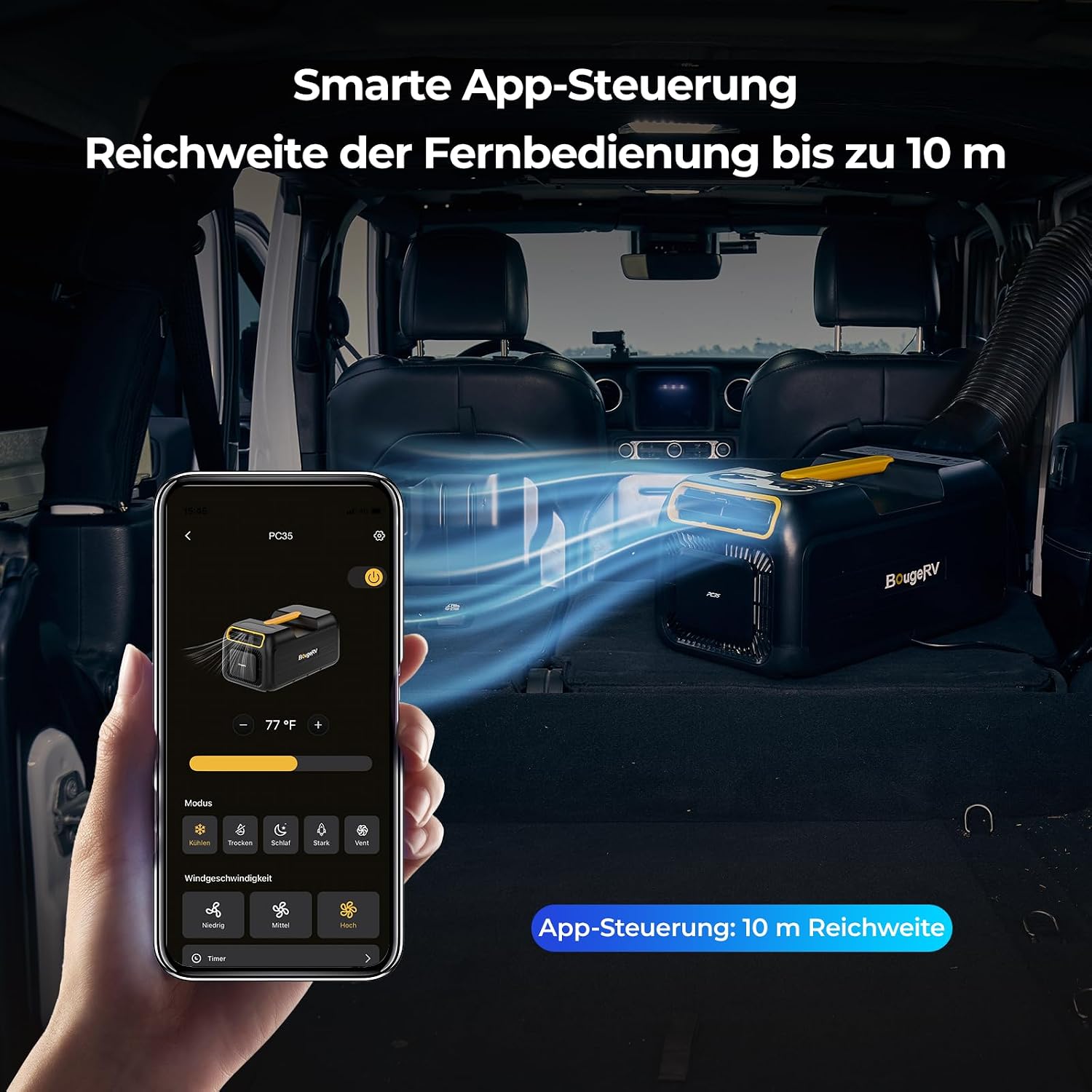 BougeRV Tragbare Klimaanlage für Camping, 3500 BTU Kühlen Mobile Klimaanlage, 10 Minuten Schnelle Kühlung, App-Steuerung, 5 Fach Funktion, R290 Gas, AC 100V-240V, für Zelt, Van