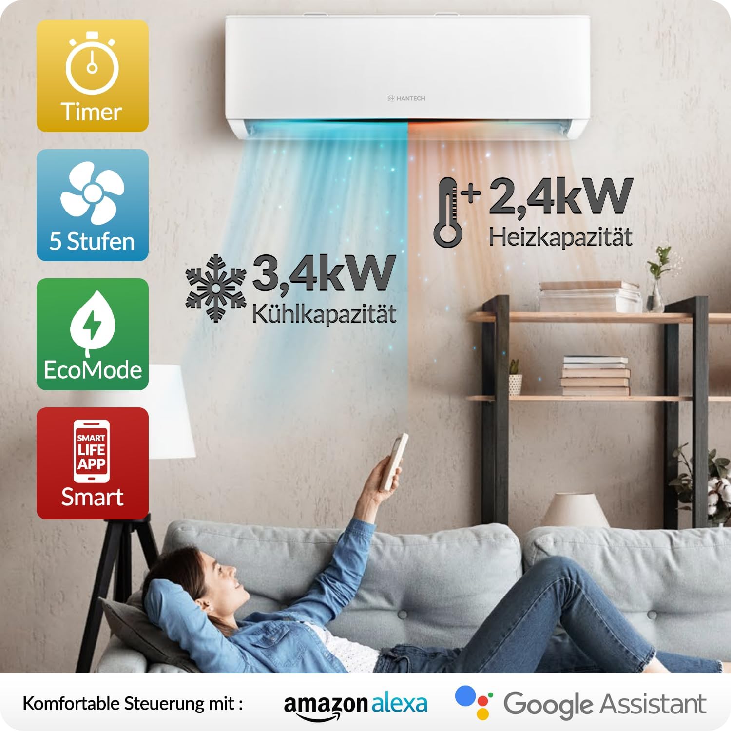 Split Klimaanlage 12000 BTU (bis 45m²) HANTECH H-PRO Heiz-&Kühlfunktion, Luftfilter, WIFI, Montagematerial weiß