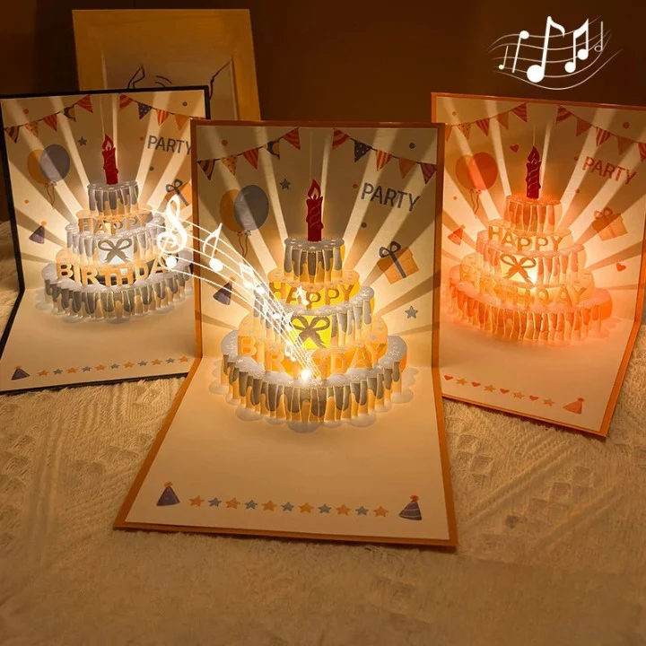 3D Pop-up Geburtstagskarte mit Musik und LED Licht | Handgemachte Grußkarte mit Torte | Besondere Karte zum Geburtstag