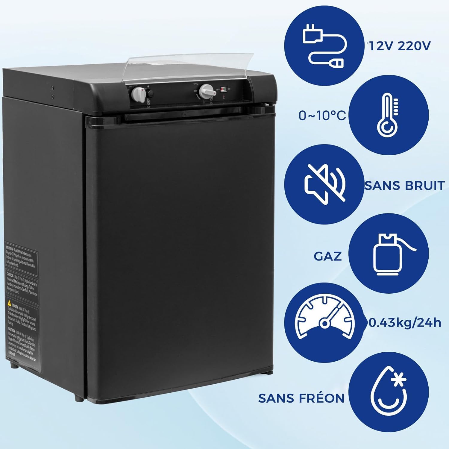 Smad Frigo Trimixte 12V 220V Gaz, 60L, Frigo Camping Gaz, Réfrigérateur Silencieux pour Caravane Camping-car Fourgon Van Mobile-home Chalet, Noir