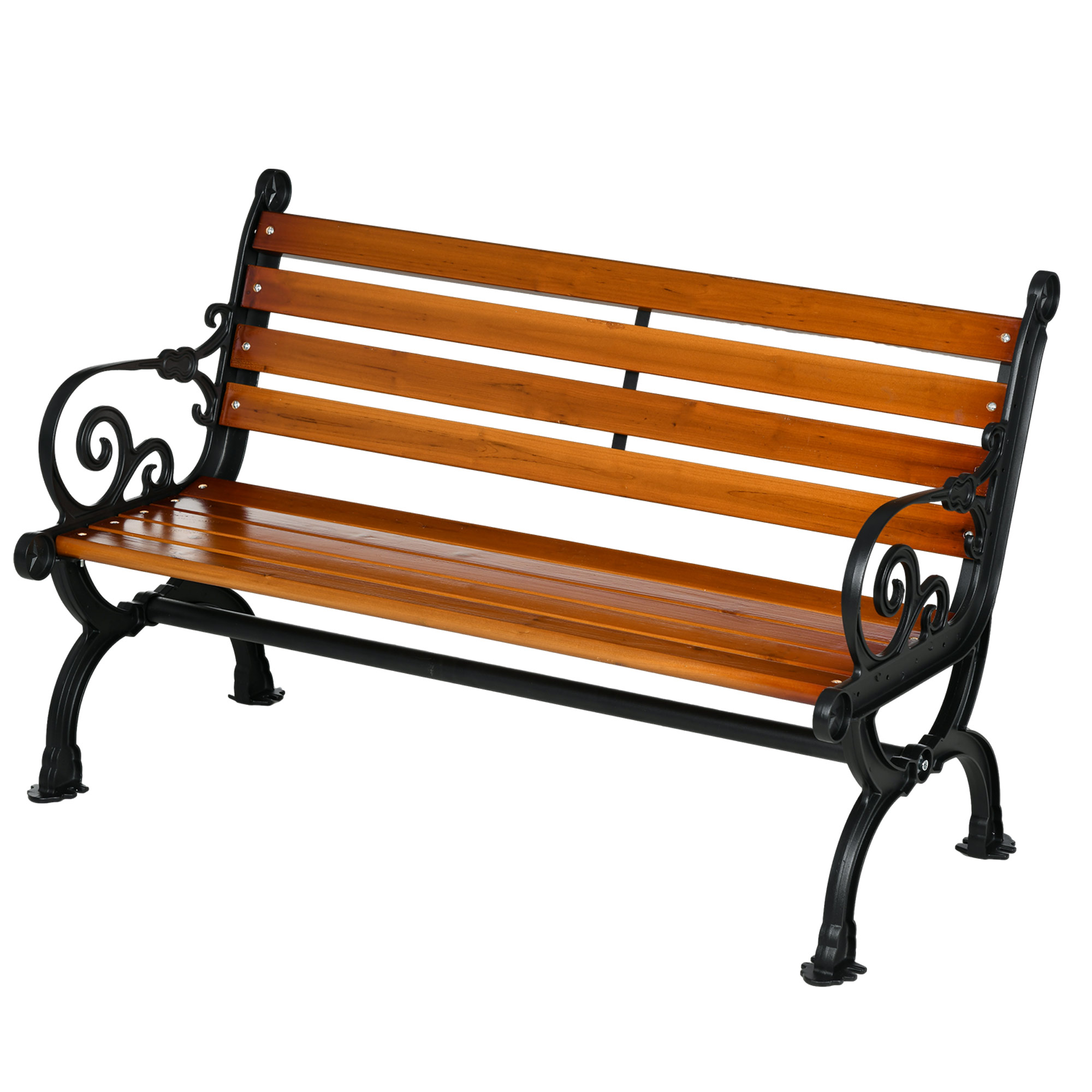 Tuinbank voor 2 personen, decoratieve armleuningen, voor tuin en terras, gietaluminium + natuurlijk hout, 120 x 64 x 79 cm, teak