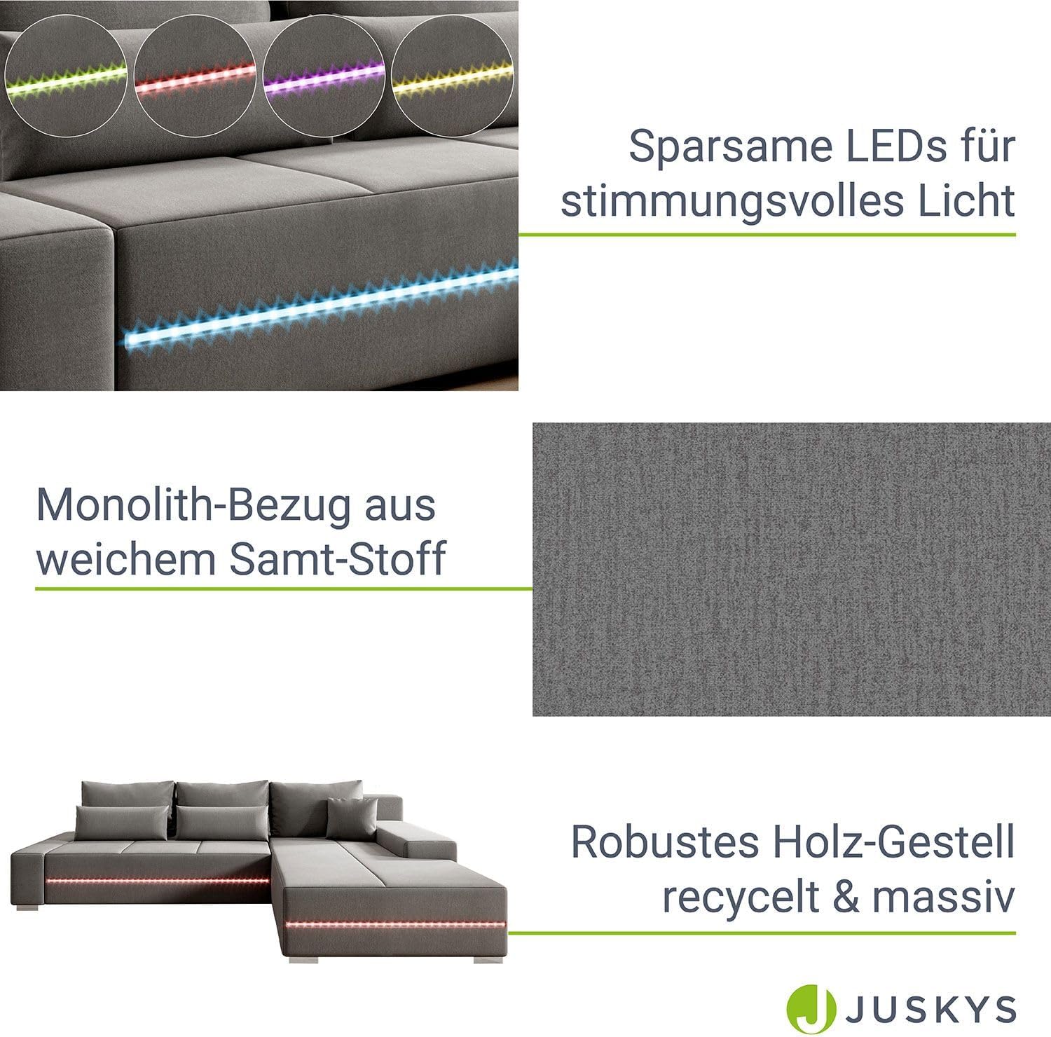 Juskys Sofa Davos Rechts mit Schlaffunktion - Ecksofa für Wohnzimmer mit Bettkasten & LED - Stoff Schlafsofa L Form Couch Beleuchtung - Hellgrau
