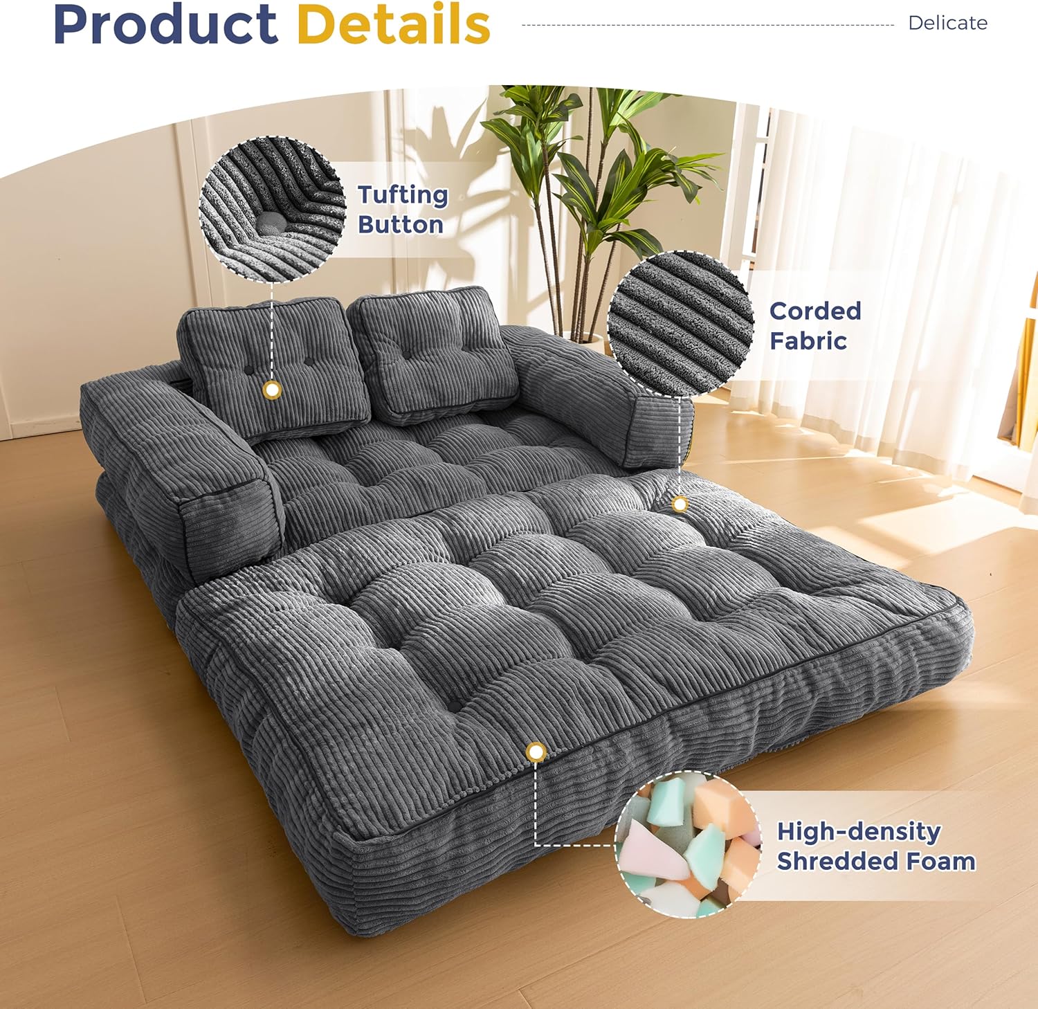 Folding Sofa Bed L-Shaped Convertible Sofa Bed with Armrests and Pillows