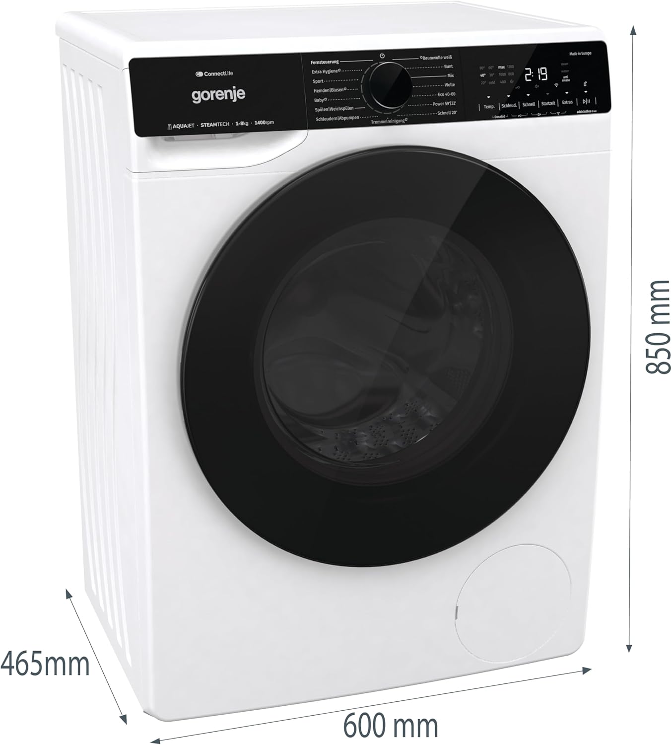 Gorenje WPNA 84 SATSWIFI Waschmaschine mit Dampffunktion / 8 kg / 1400 U/Slim Line/ConnectLife WiFi/Total AuaStop/Inverter PowerDrive Motor/Edelstahltrommel/Kindersicherung/EEK A