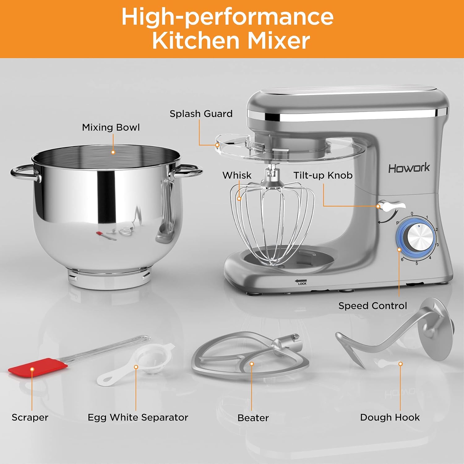 Howork Küchenmaschine Knetmaschine, 1500W leistungsstark 8L Tilt-Head Gerusche Knetmaschine, 6-stufige Geschwindigkeit Teigmaschine mit Rührbesen, Knethaken, Spritzschutz, Schlger (8L, schwarz)…