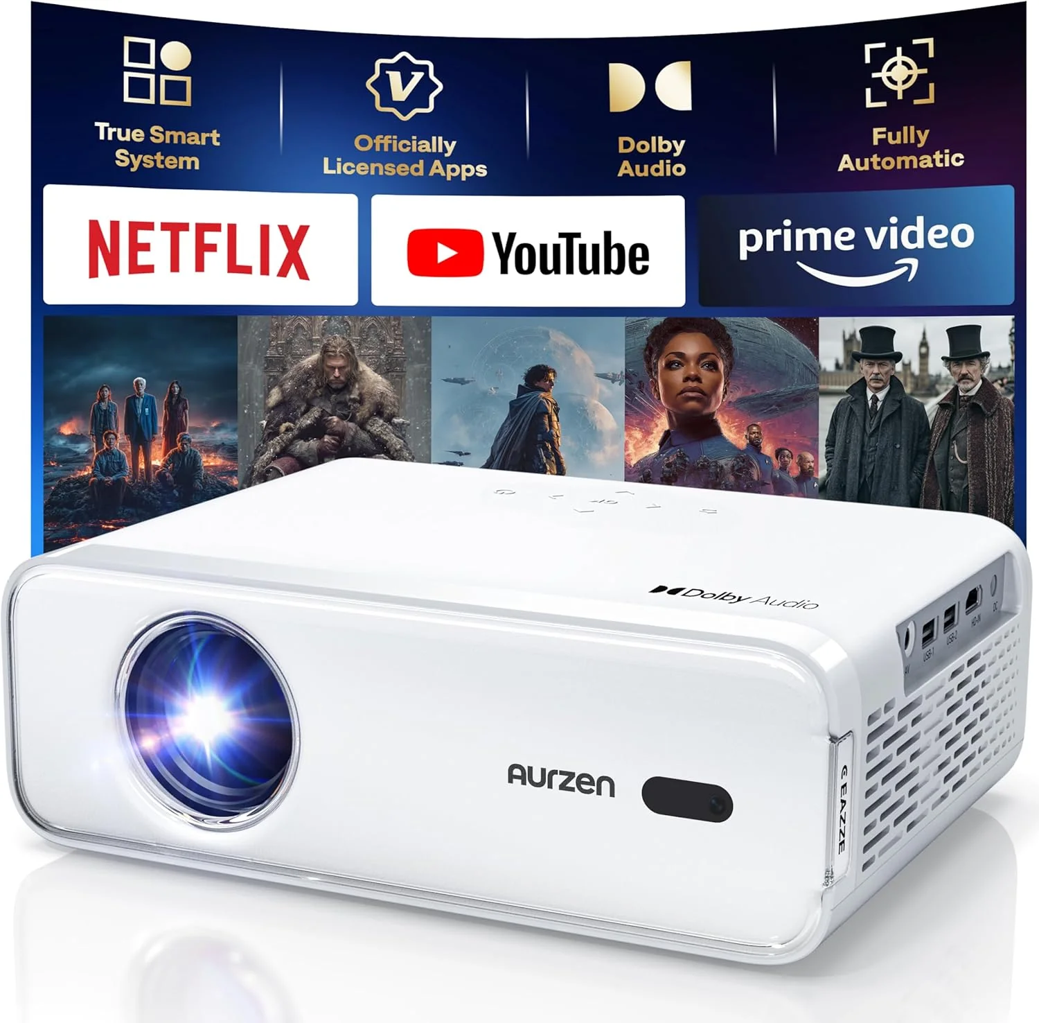 Aurzen EAZZE D1 Smart Projector with WiFi and Bluetooth, Officially-Licensed APP