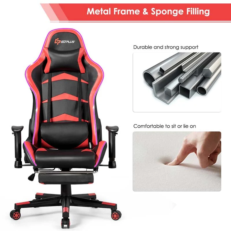 Led Massage Gaming Chair Height Adjustable Racing Computer Office Chair With Footrest Ergonomic High Back Pu Swivel Game Chair - Comfortable And Ergonomic Design