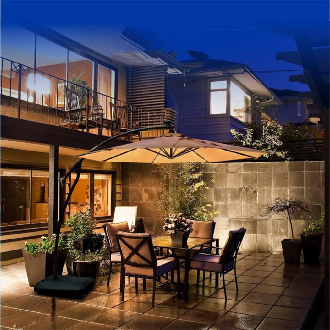 Solarbetriebener LED-Terrassenschirm mit Druckknopf, Neigung/Kurbel, 8 Rippen, braun, 3 m, ideal für Garten, Rasen, Terrasse, Hinterhof und Pool