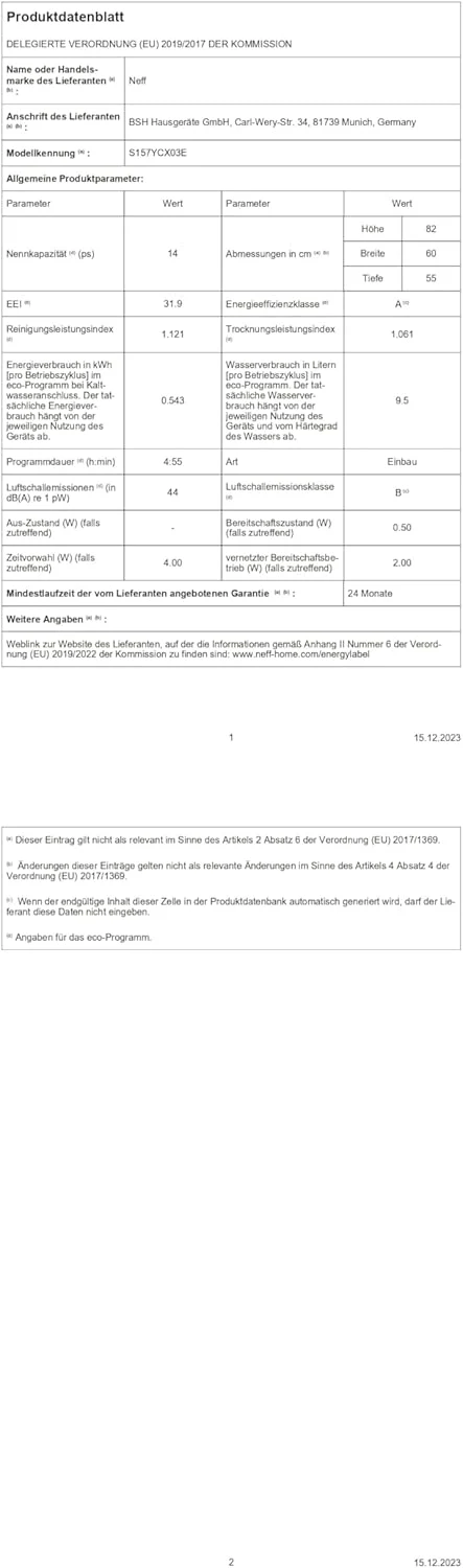 NEFF S157YCX03E, N 70, Smarte volledig ge?ntegreerde vaatwasser, 60 cm, Besteklade, Made in Germany, Zeolith-droging, bijzonder stille vaatwasser, in hoogte verstelbare bovenkorf, sterke sproeidruk
